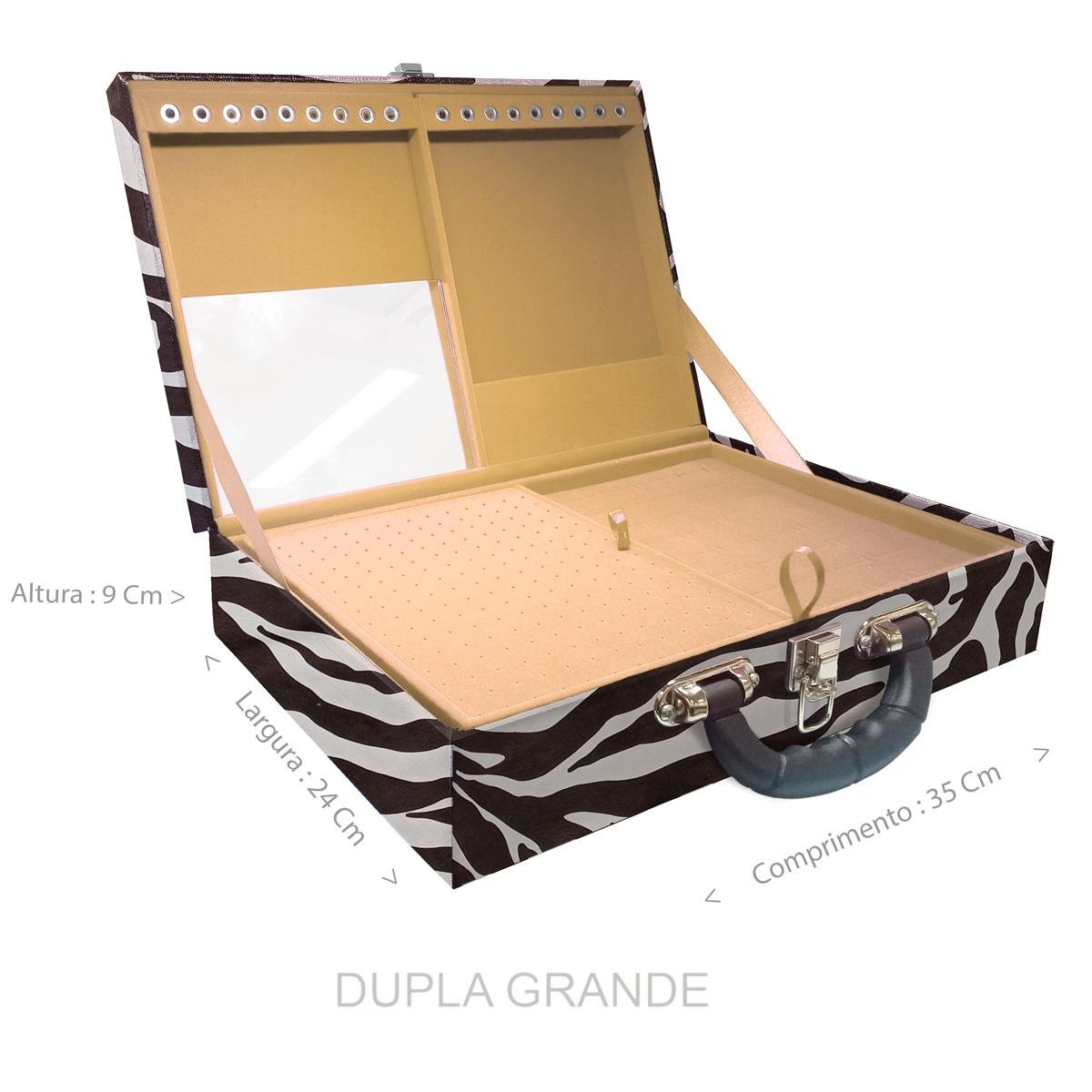 Estojo Maleta Porta Jóias Duplo Grande Zebra Com Alça Preta e Espelho
