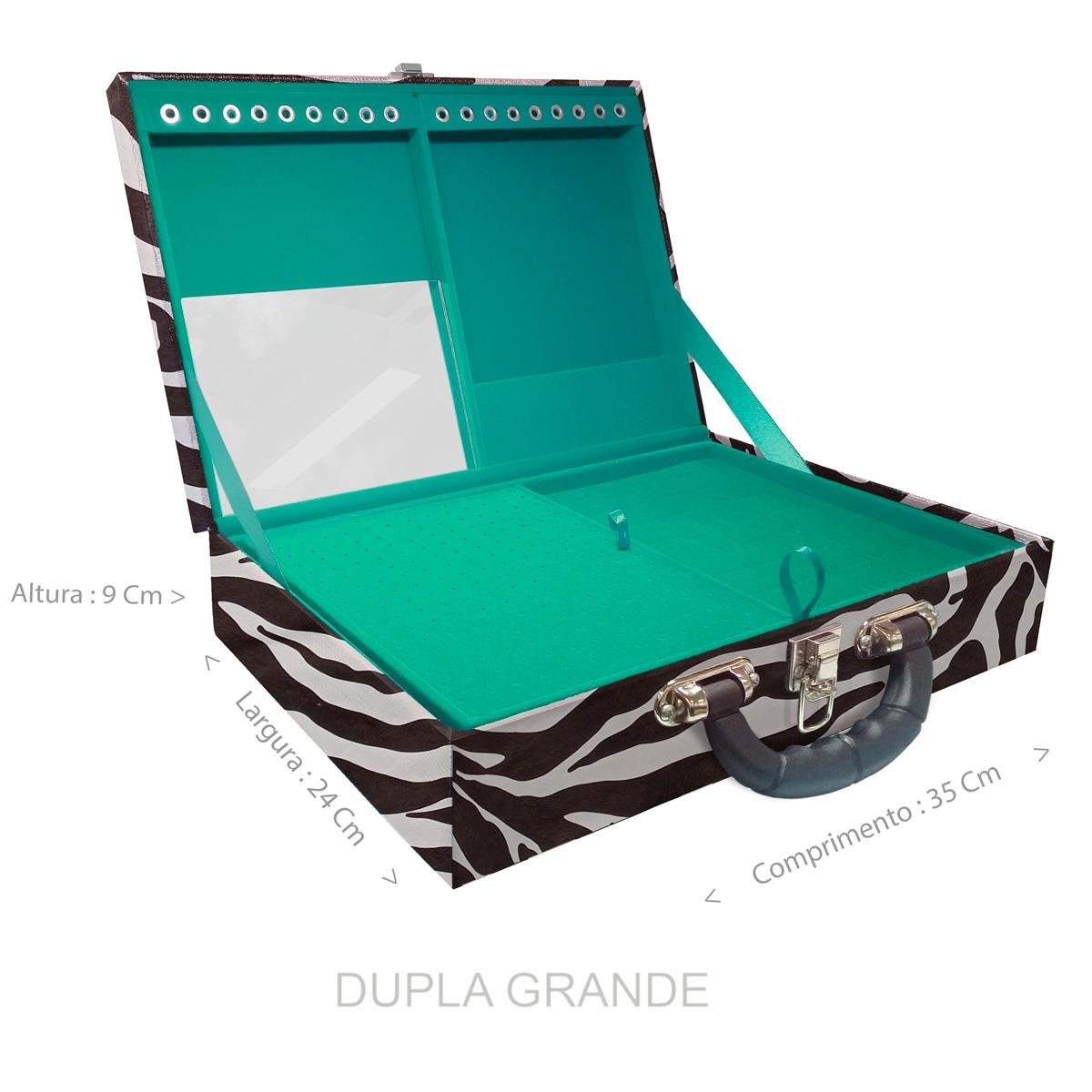 Estojo Maleta Porta Jóias Duplo Grande Zebra Com Alça Preta e Espelho