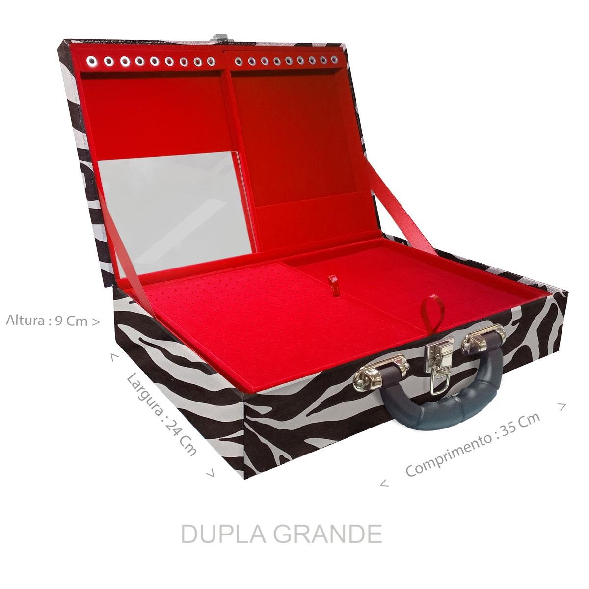 Estojo Maleta Porta Jóias Duplo Grande Zebra Com Alça Preta e Espelho