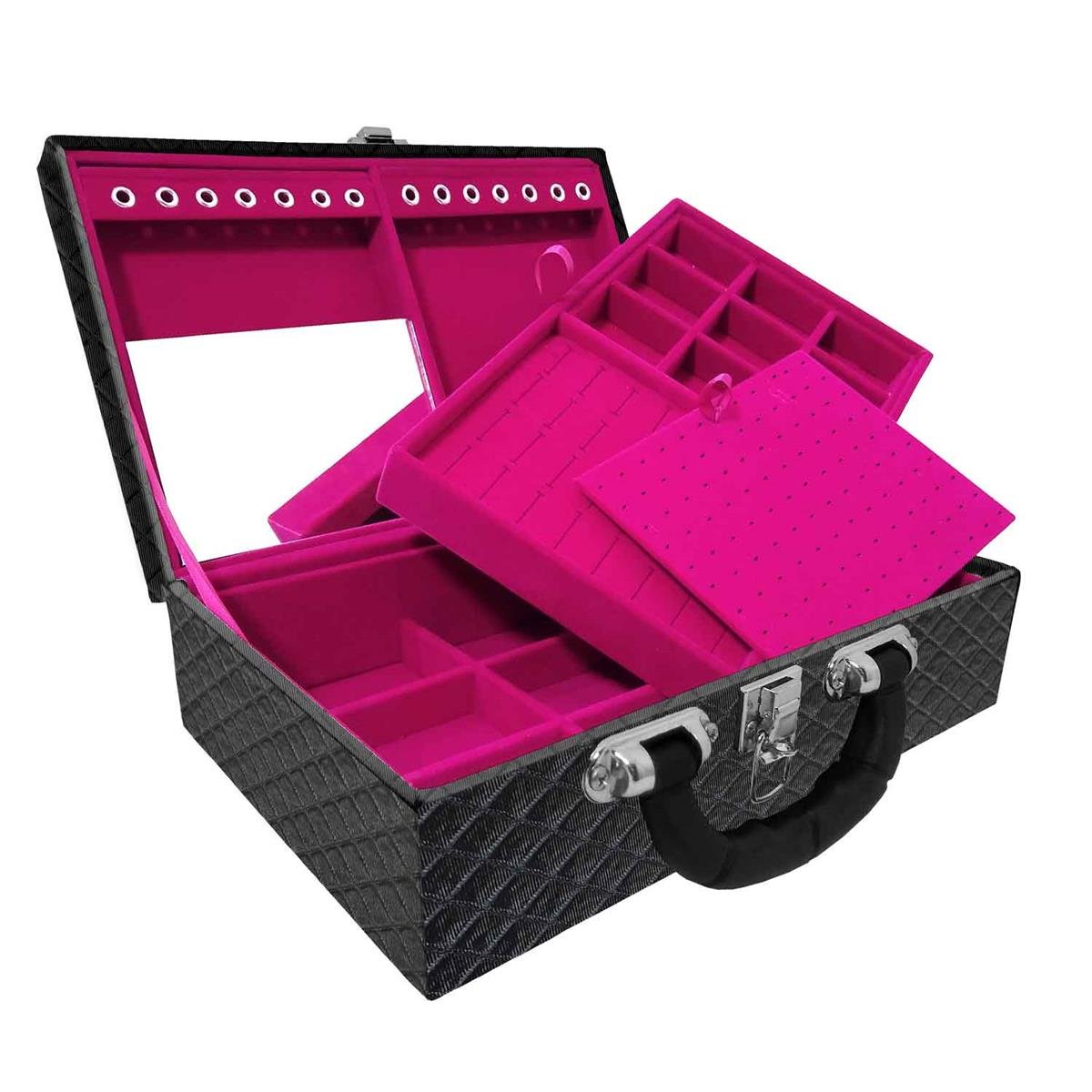 Estojo Maleta Porta Jóias Duplo Médio Dijon Preto Metalizado Com Alça Preta e Espelho