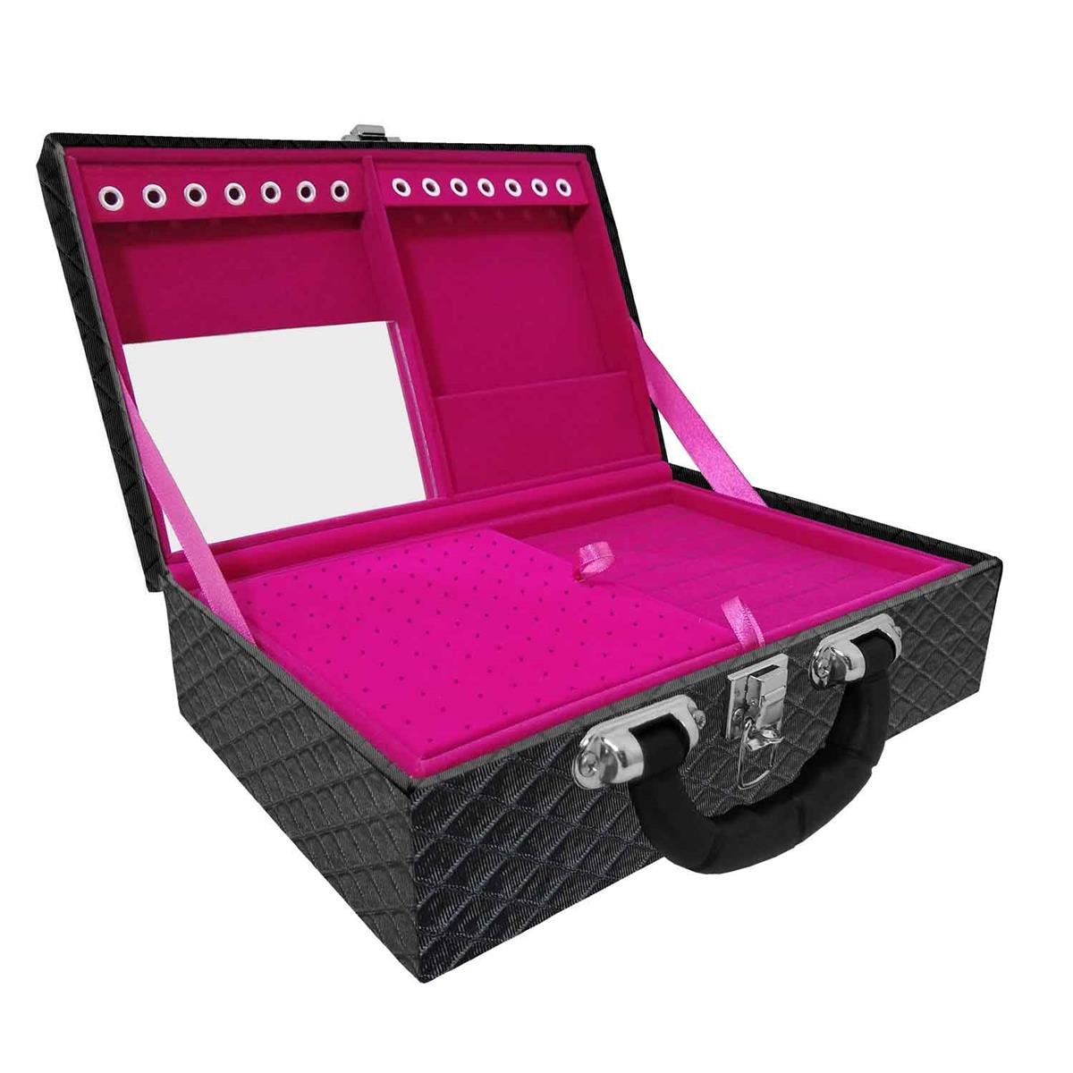 Estojo Maleta Porta Jóias Duplo Médio Dijon Preto Metalizado Com Alça Preta e Espelho