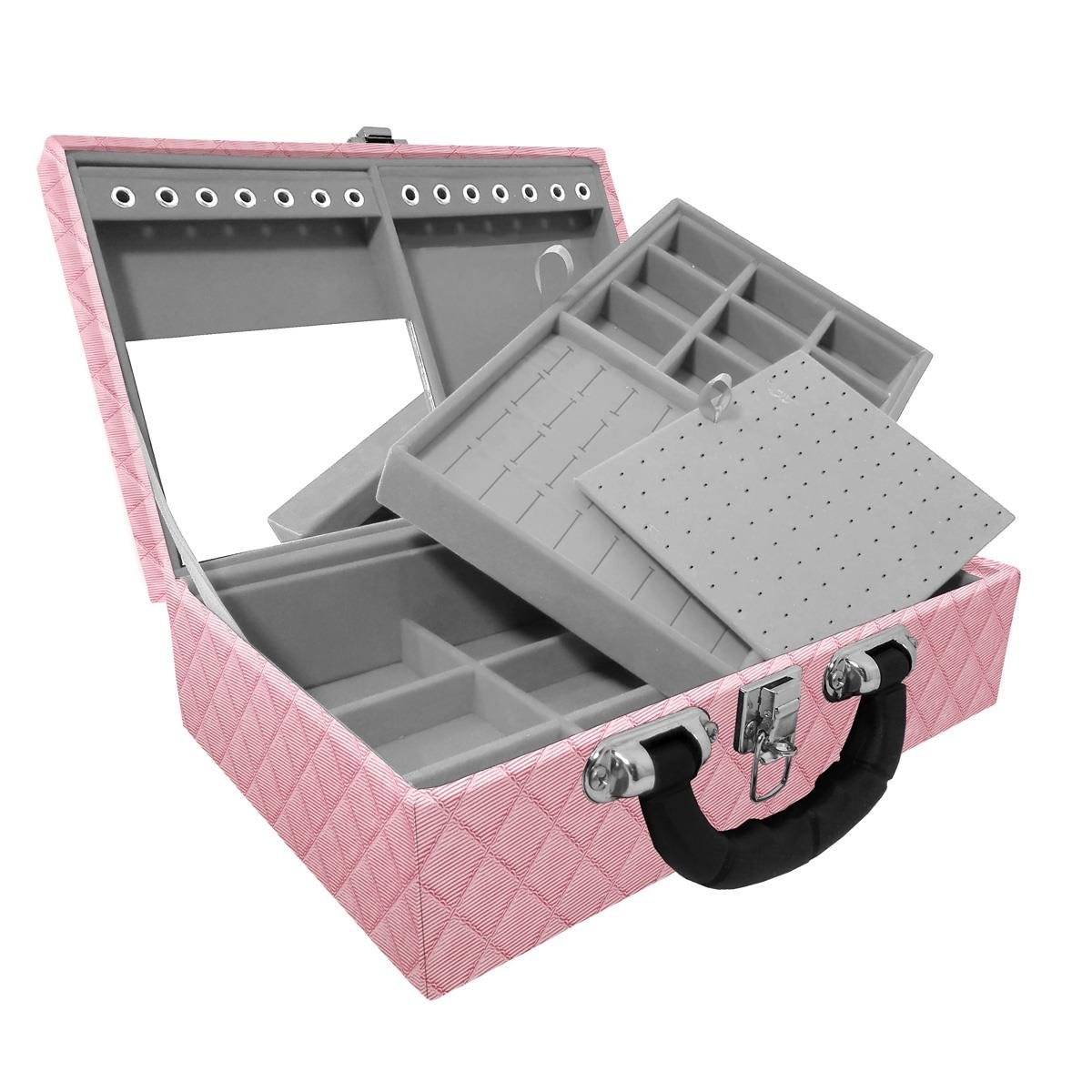 Maleta Dupla Média Dijon Rosa Bebê Metalizado Com Alça Preta e Espelho - Sob Encomenda