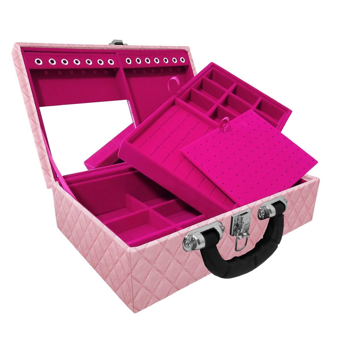 Maleta Dupla Média Dijon Rosa Bebê Metalizado Com Alça Preta e Espelho - Sob Encomenda