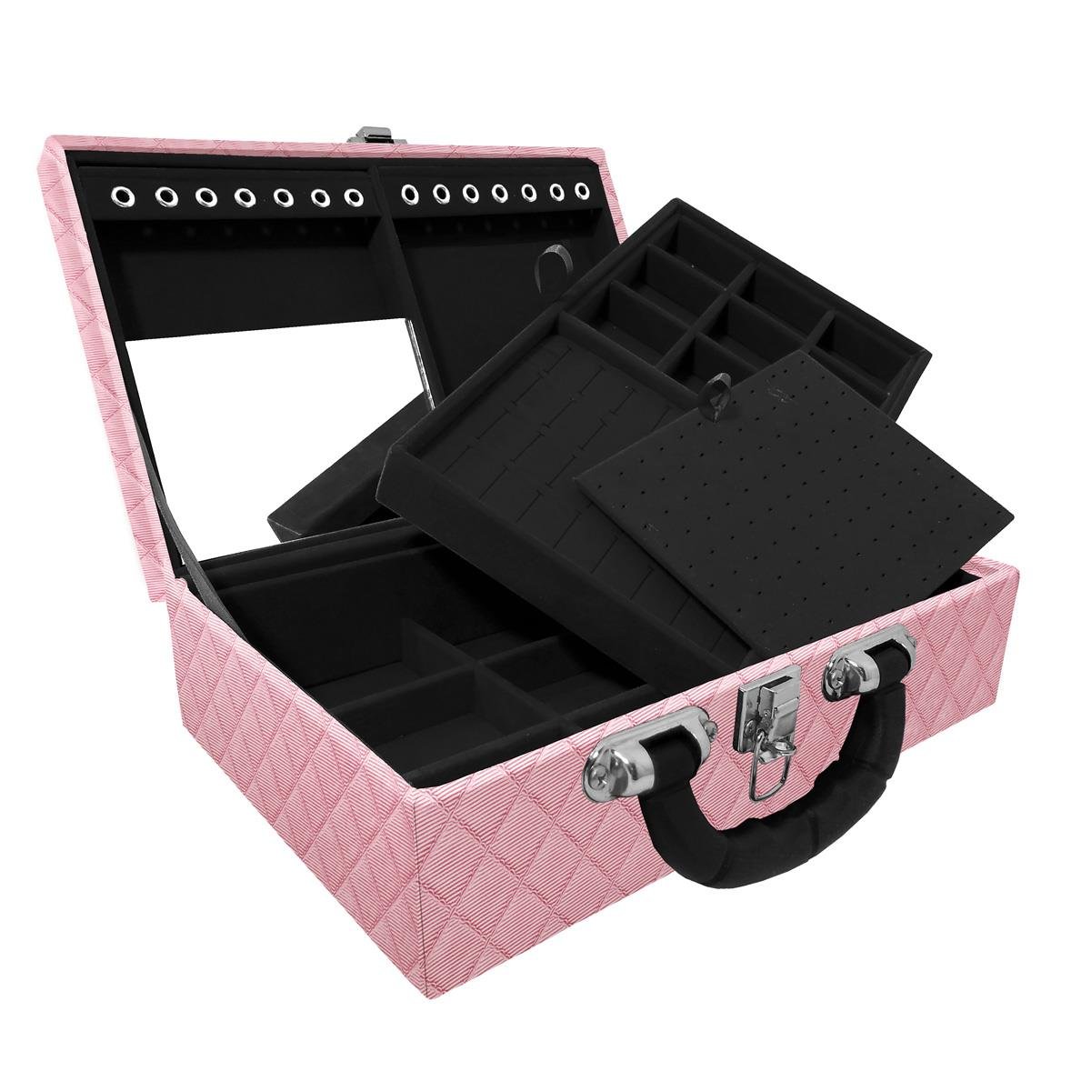 Maleta Dupla Média Dijon Rosa Bebê Metalizado Com Alça Preta e Espelho - Sob Encomenda