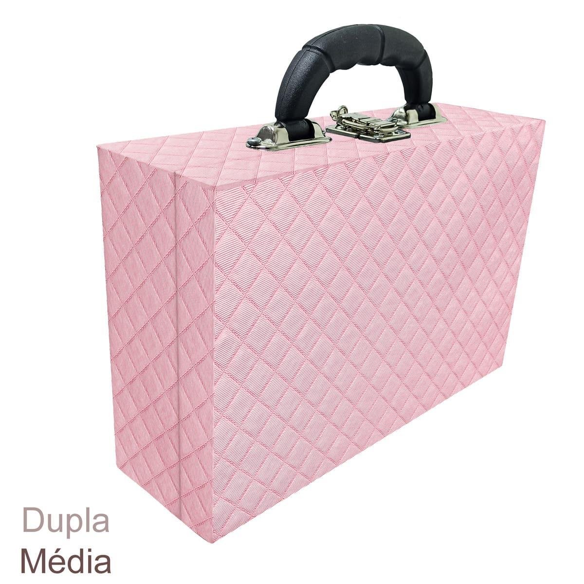 Maleta Dupla Média Dijon Rosa Bebê Metalizado Com Alça Preta e Espelho - Sob Encomenda