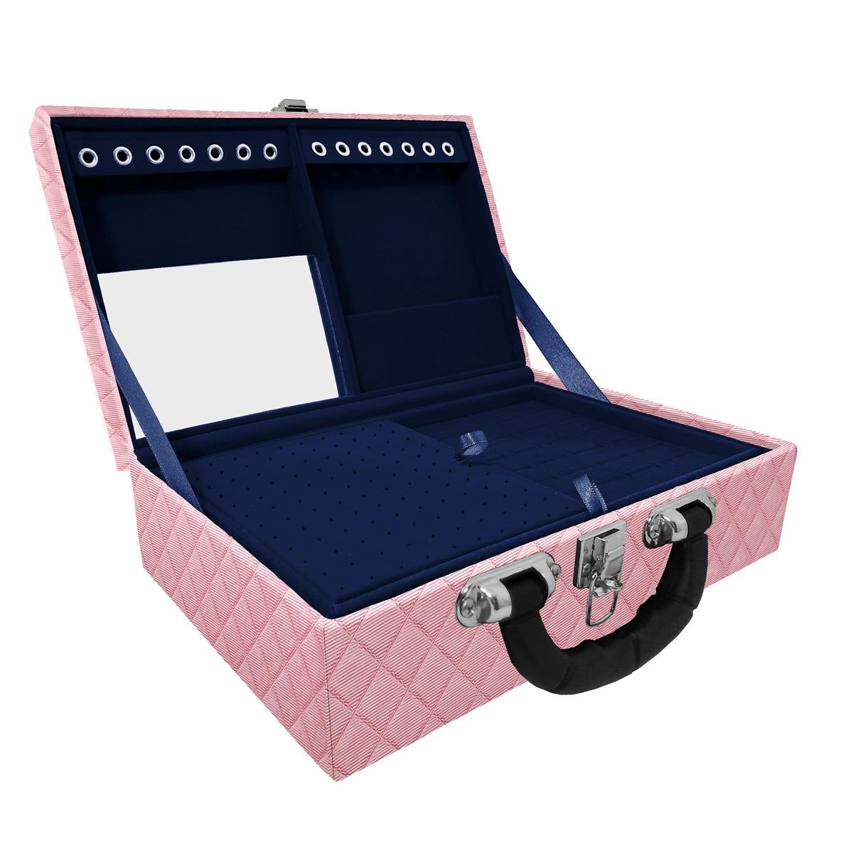 Estojo Maleta Porta Jóias Dupla Média Dijon Rosa Bebê Metalizado Com Alça Preta e Espelho