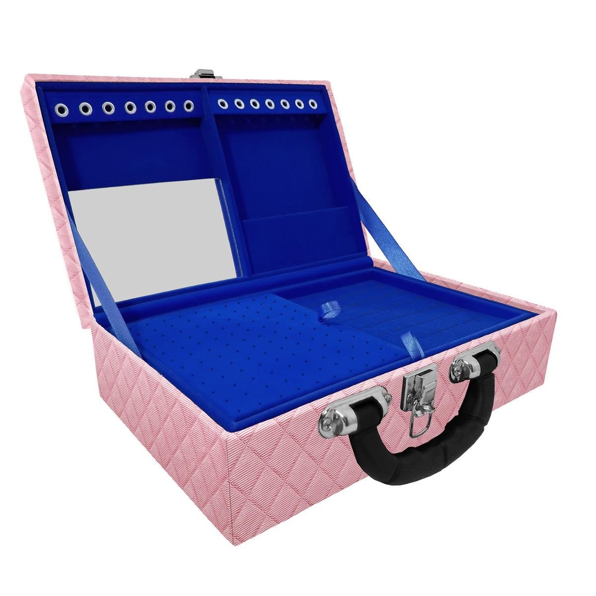 Estojo Maleta Porta Jóias Dupla Média Dijon Rosa Bebê Metalizado Com Alça Preta e Espelho