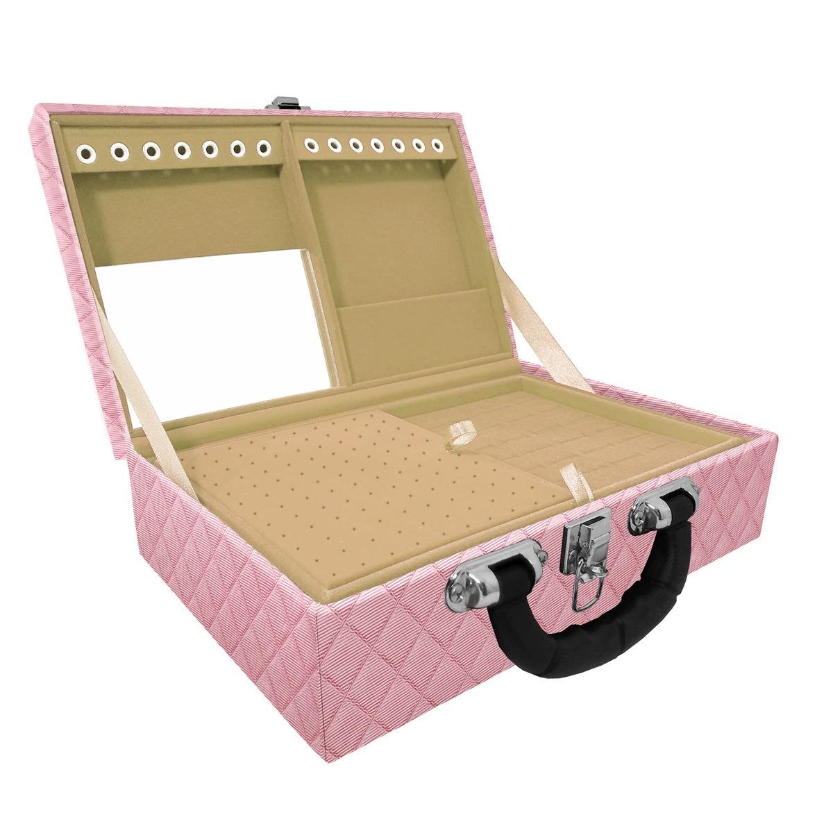 Estojo Maleta Porta Jóias Dupla Média Dijon Rosa Bebê Metalizado Com Alça Preta e Espelho