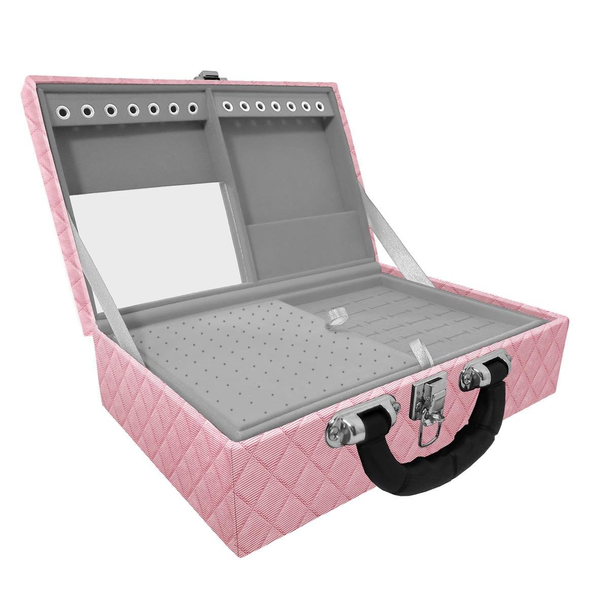 Estojo Maleta Porta Jóias Dupla Média Dijon Rosa Bebê Metalizado Com Alça Preta e Espelho