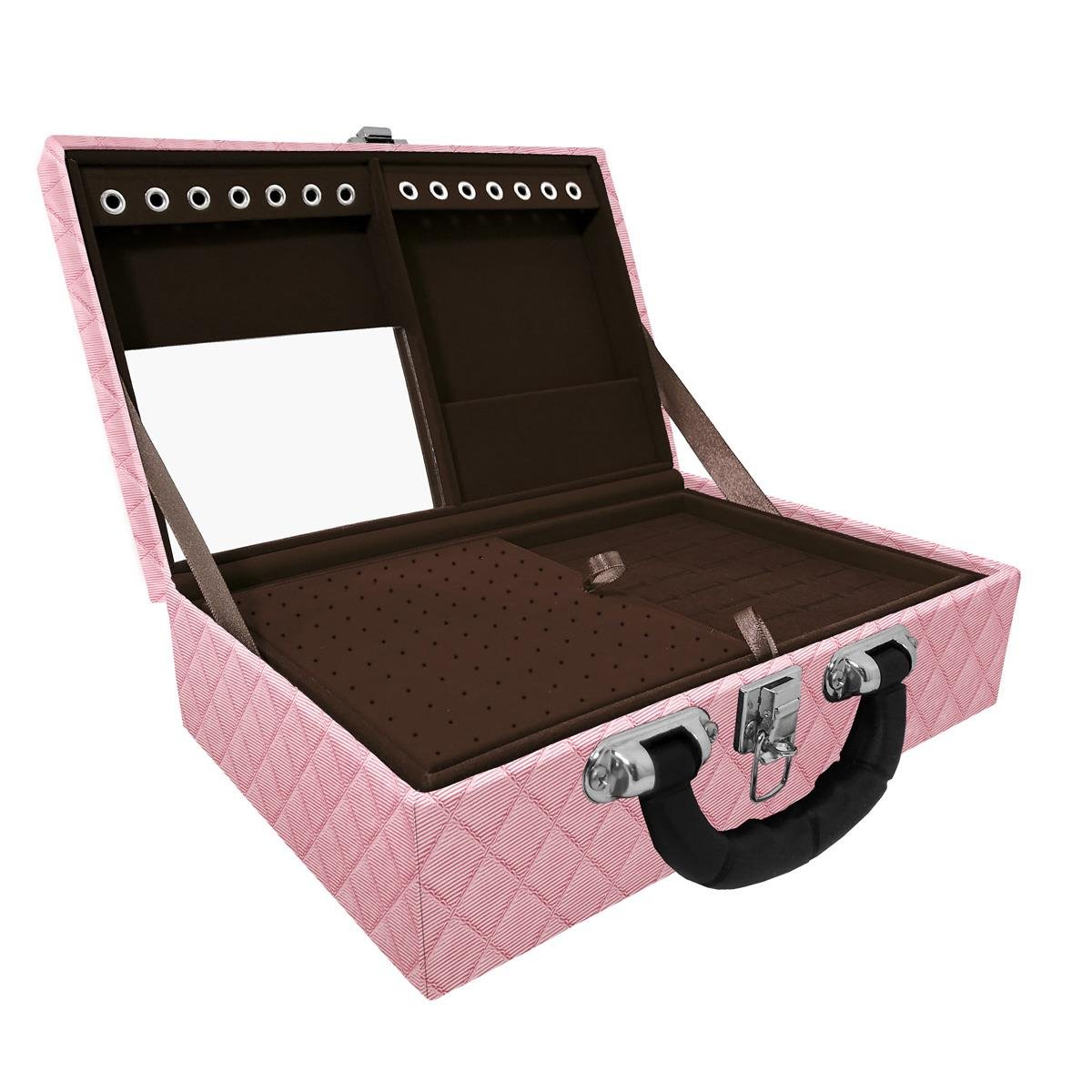 Estojo Maleta Porta Jóias Dupla Média Dijon Rosa Bebê Metalizado Com Alça Preta e Espelho