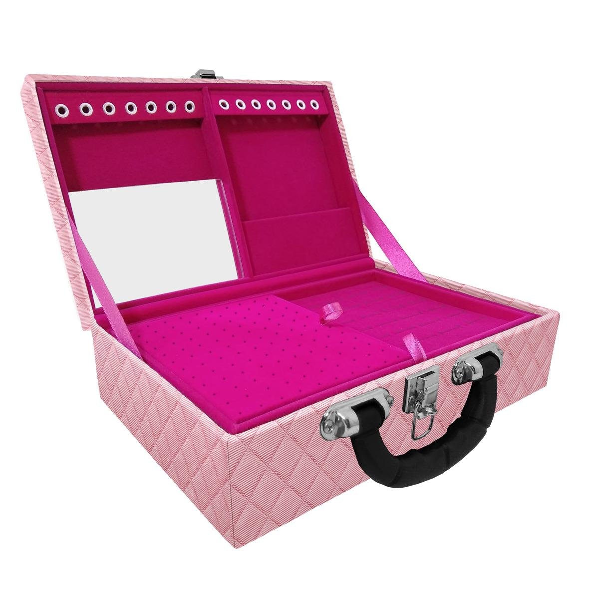 Estojo Maleta Porta Jóias Dupla Média Dijon Rosa Bebê Metalizado Com Alça Preta e Espelho
