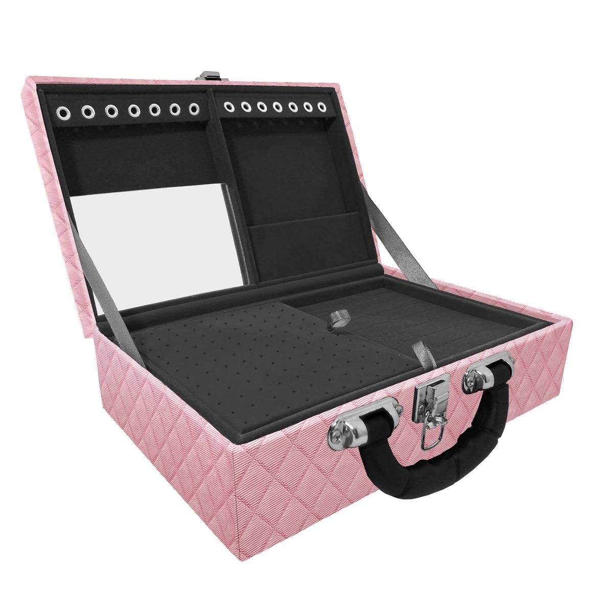 Estojo Maleta Porta Jóias Dupla Média Dijon Rosa Bebê Metalizado Com Alça Preta e Espelho