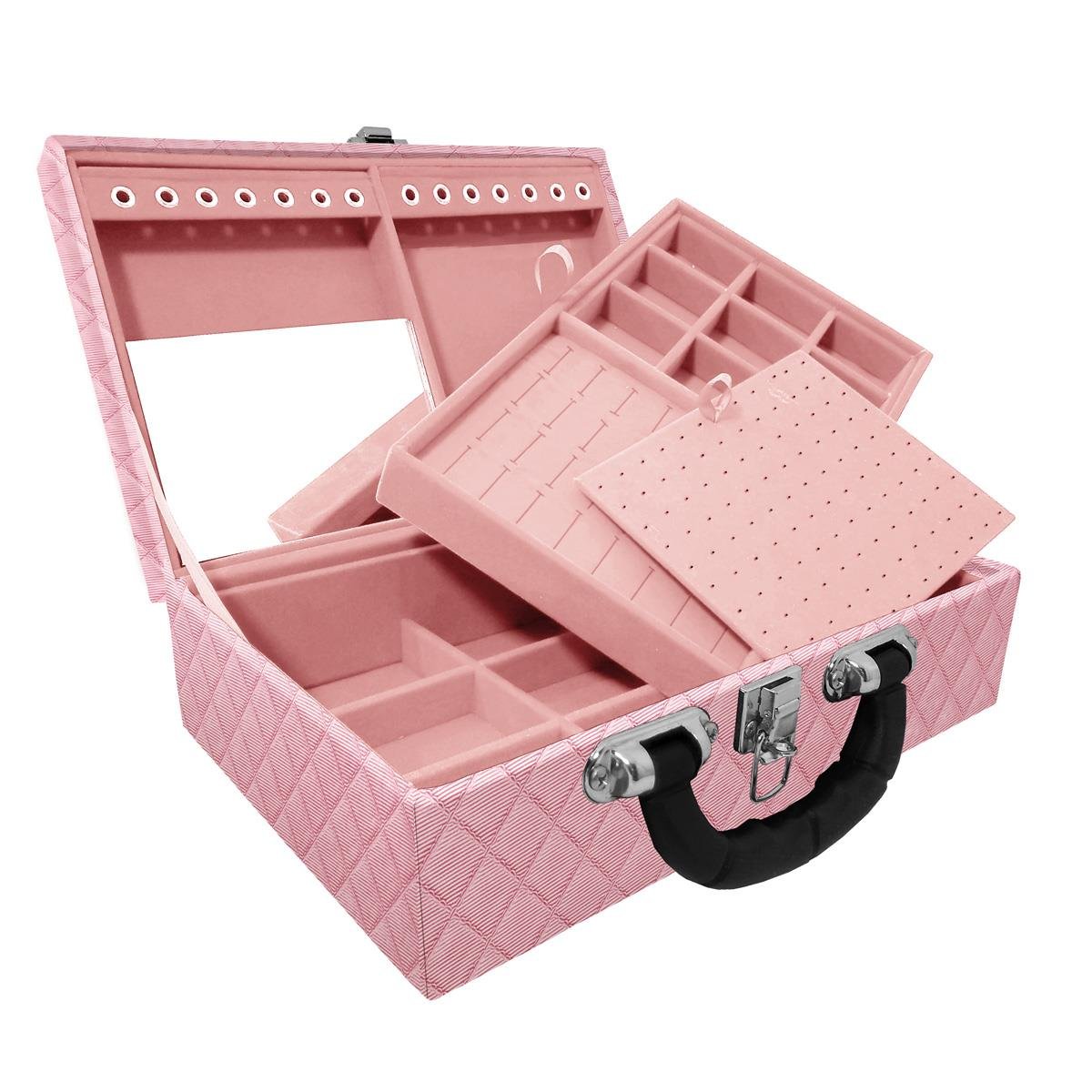 Estojo Maleta Porta Jóias Dupla Média Dijon Rosa Bebê Metalizado Com Alça Preta e Espelho