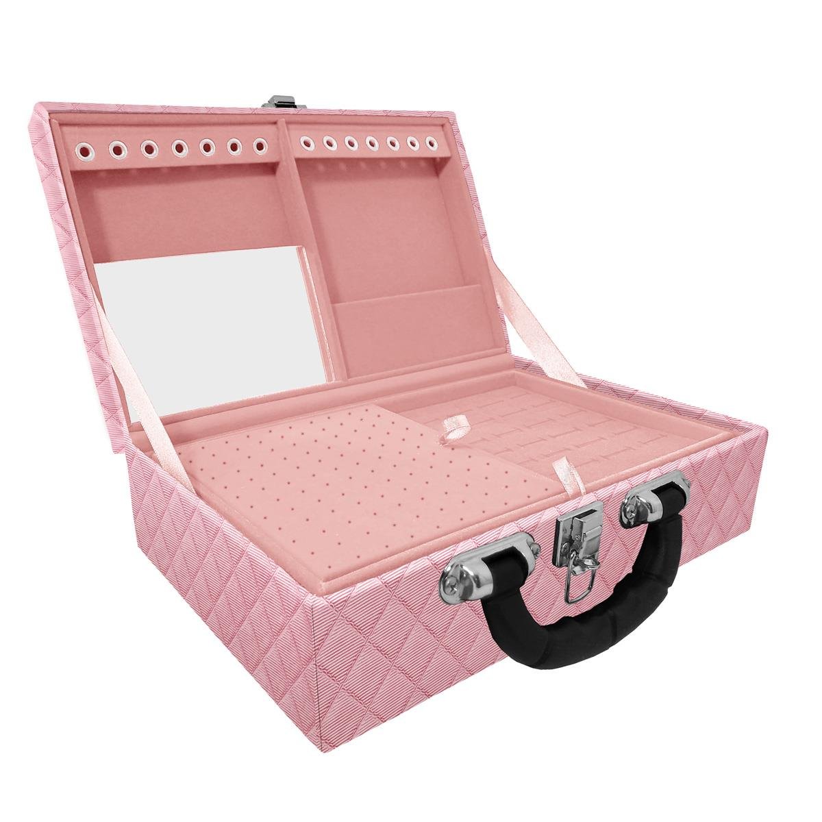 Estojo Maleta Porta Jóias Dupla Média Dijon Rosa Bebê Metalizado Com Alça Preta e Espelho