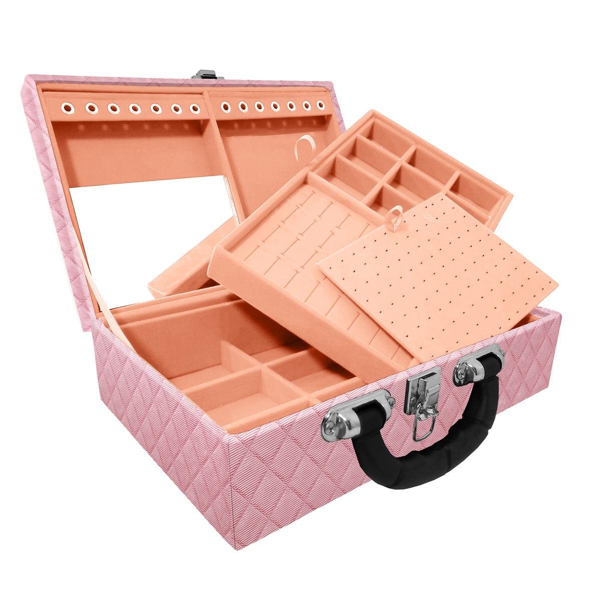 Estojo Maleta Porta Jóias Dupla Média Dijon Rosa Bebê Metalizado Com Alça Preta e Espelho