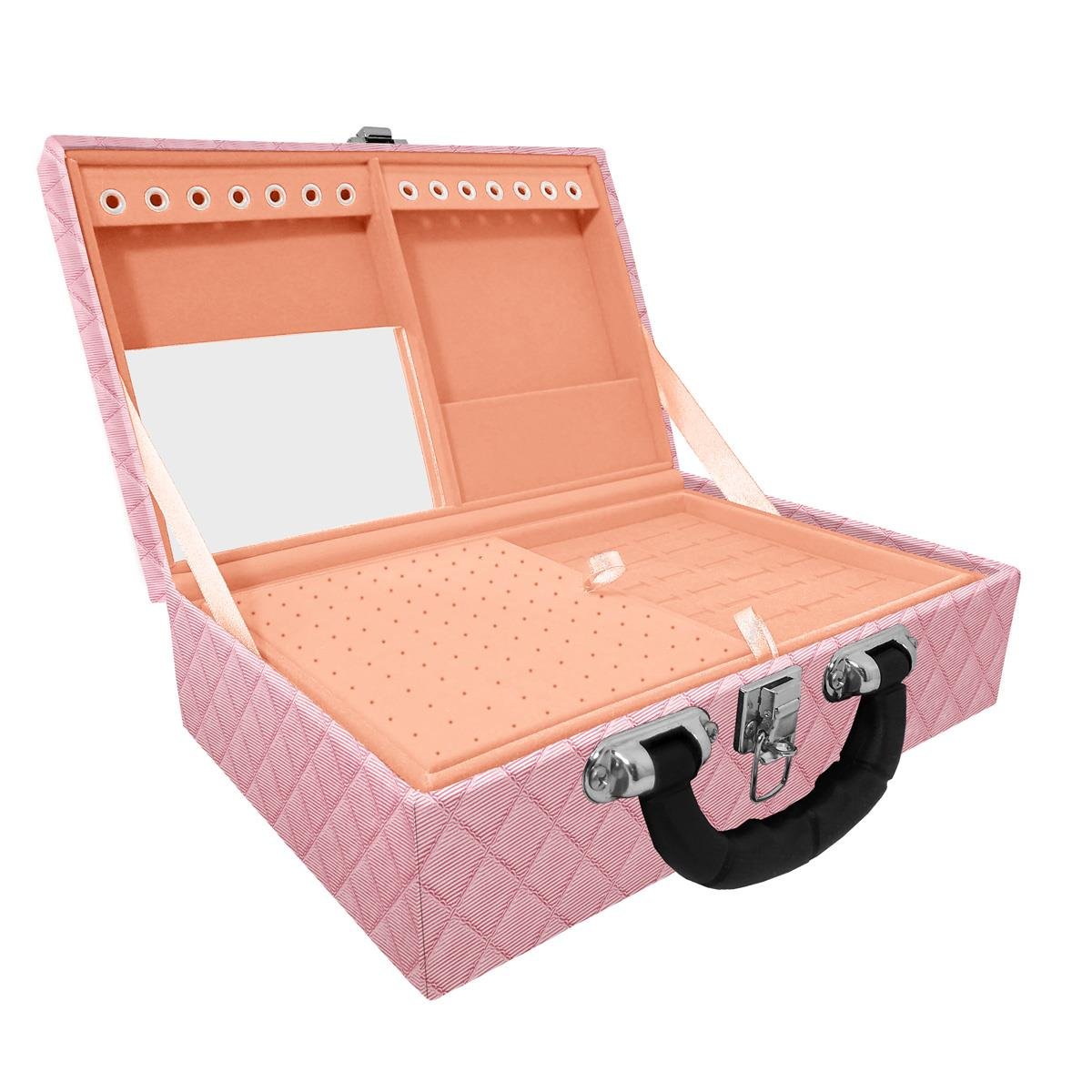 Estojo Maleta Porta Jóias Dupla Média Dijon Rosa Bebê Metalizado Com Alça Preta e Espelho