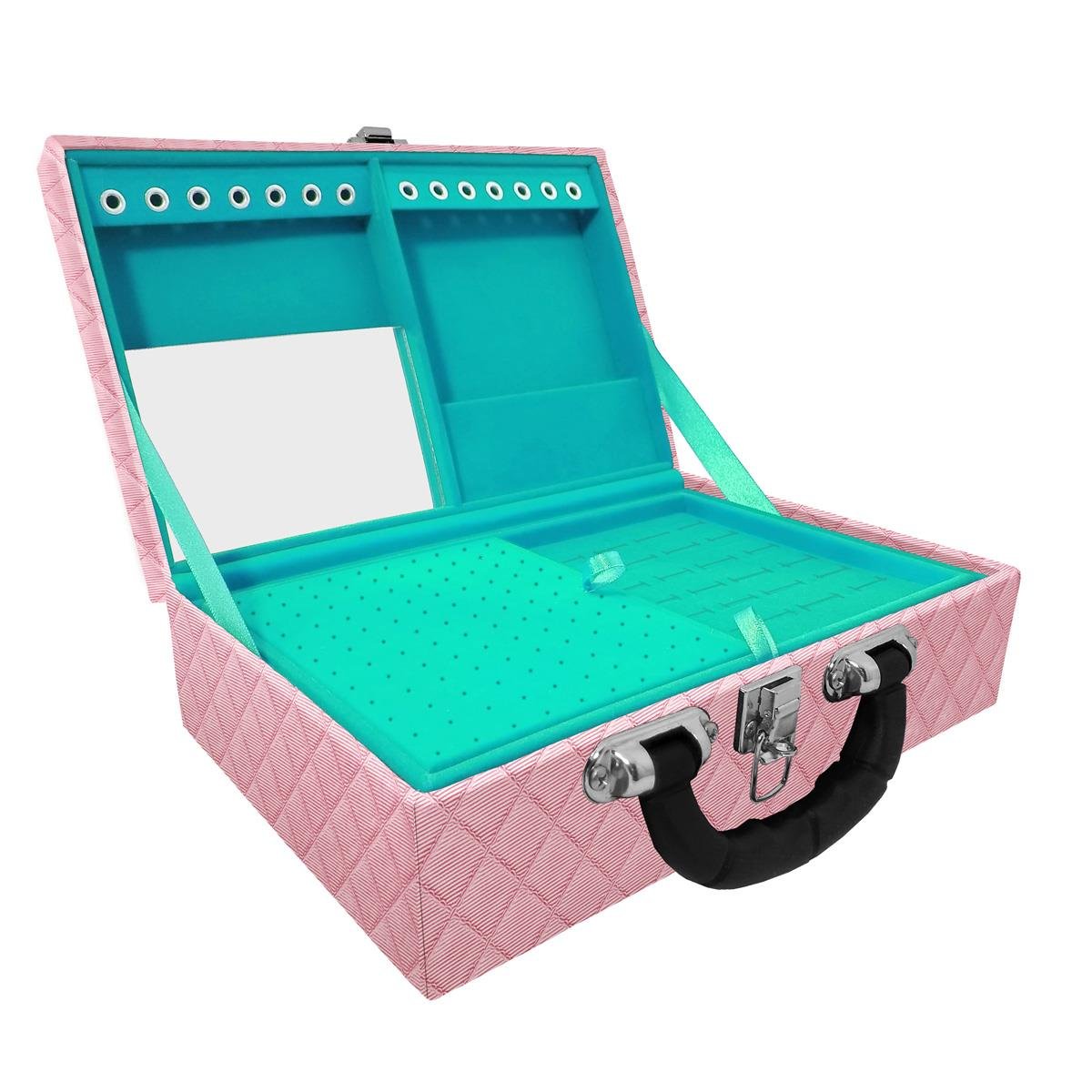 Estojo Maleta Porta Jóias Dupla Média Dijon Rosa Bebê Metalizado Com Alça Preta e Espelho