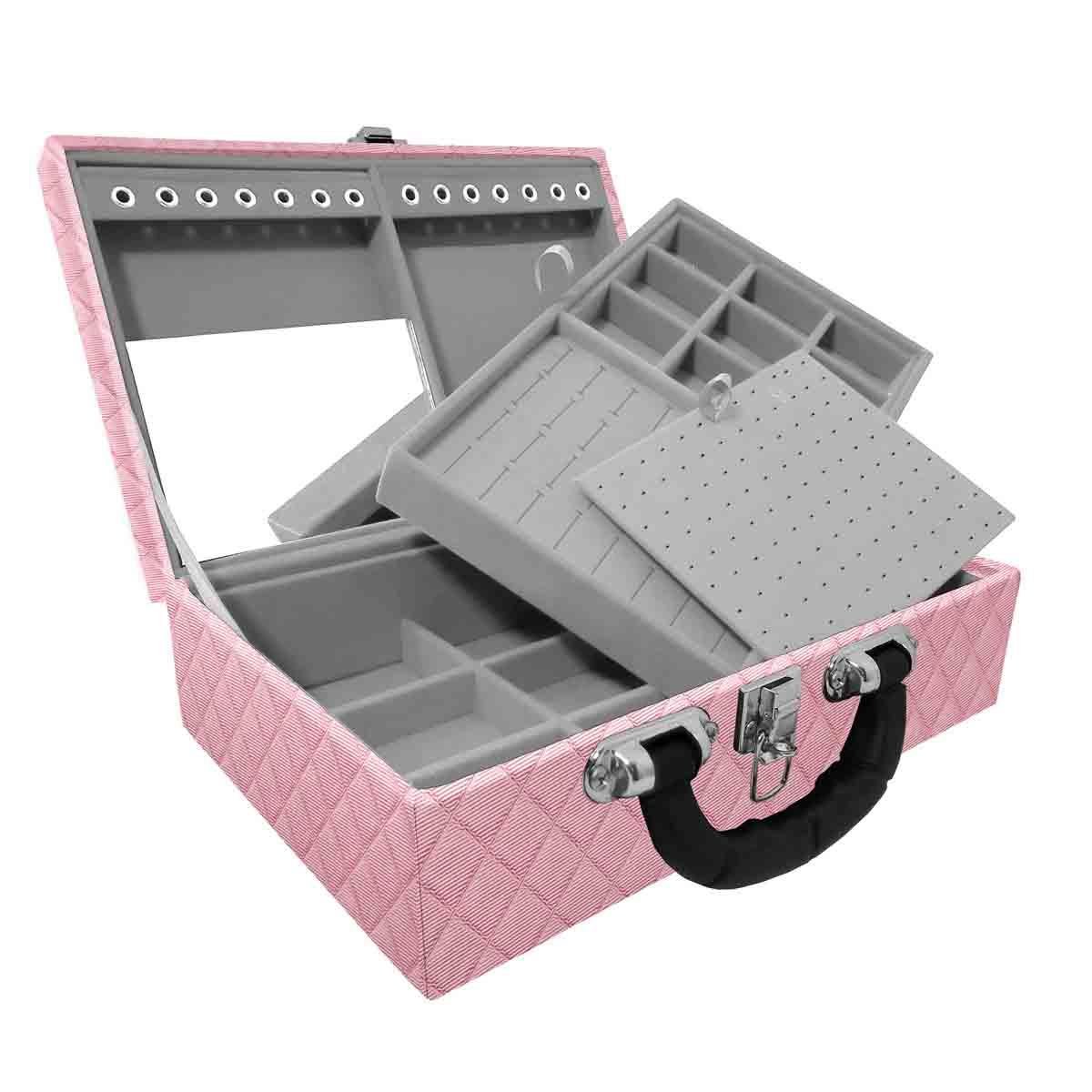 Estojo Maleta Porta Jóias Dupla Média Dijon Rosa Bebê Metalizado Com Alça Preta e Espelho