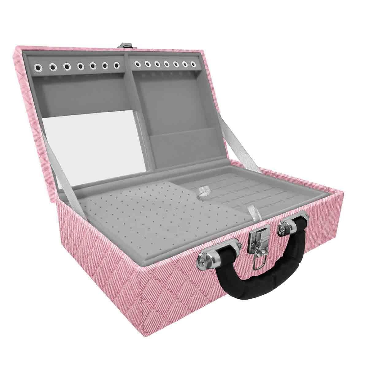 Estojo Maleta Porta Jóias Dupla Média Dijon Rosa Bebê Metalizado Com Alça Preta e Espelho