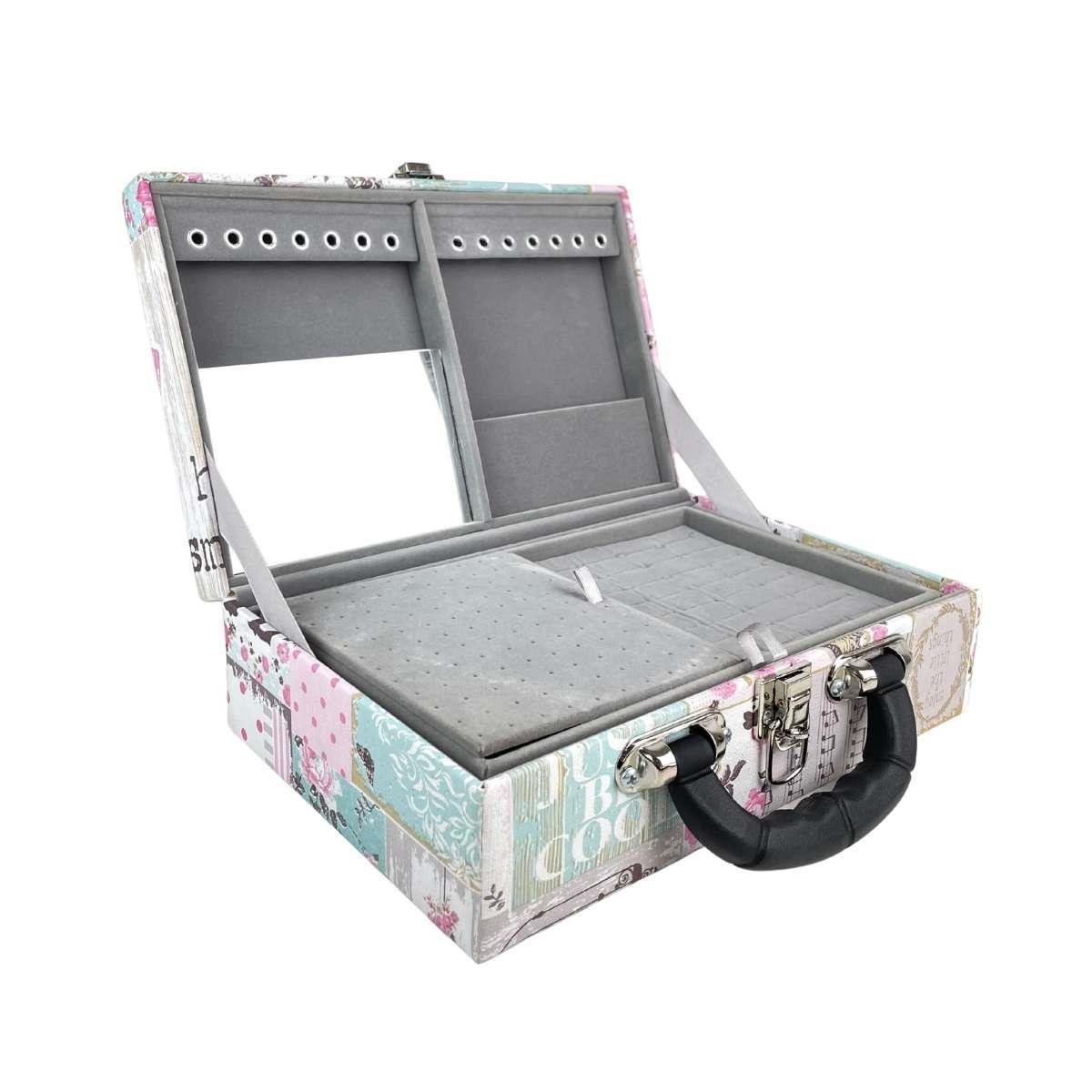 Estojo Maleta Porta Jóias Duplo Médio Happy Day Com Alça Preta e Espelho