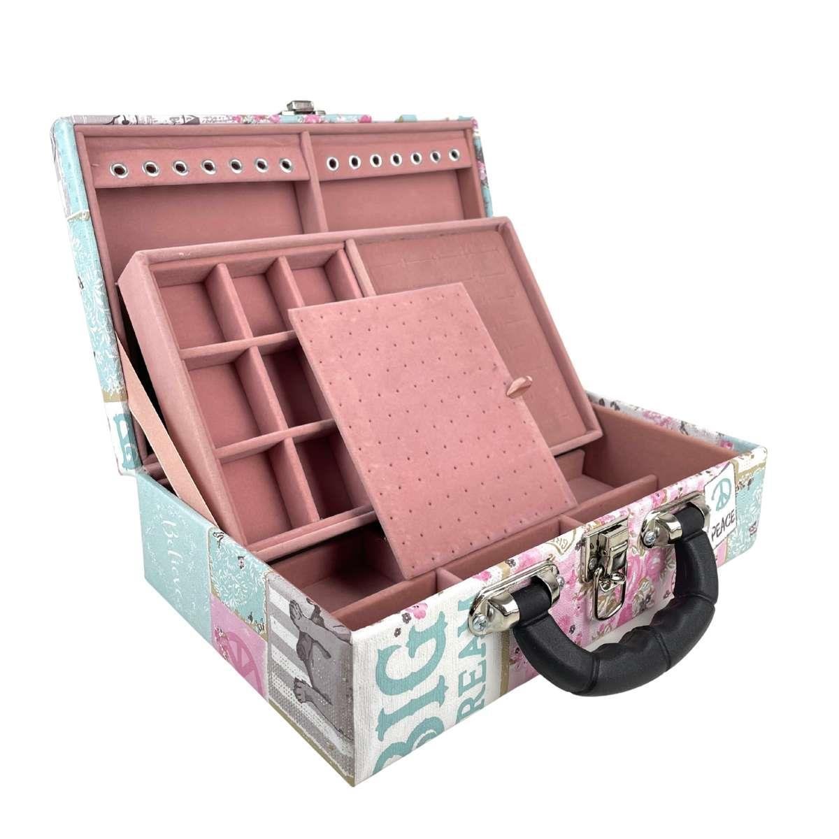 Estojo Maleta Porta Jóias Duplo Médio Happy Day Com Alça Preta e Espelho