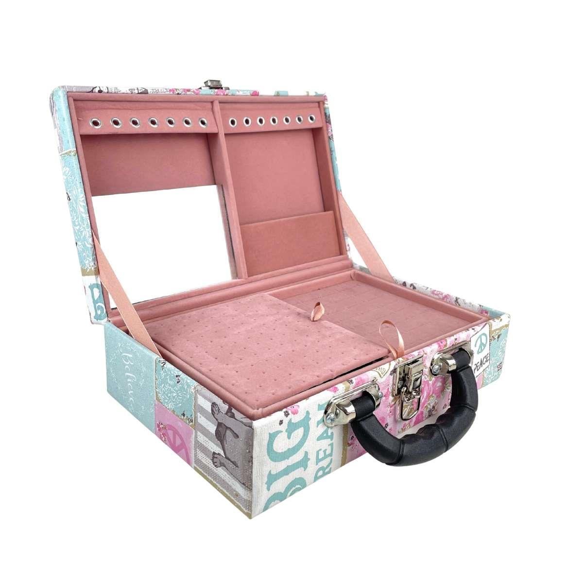 Estojo Maleta Porta Jóias Duplo Médio Happy Day Com Alça Preta e Espelho