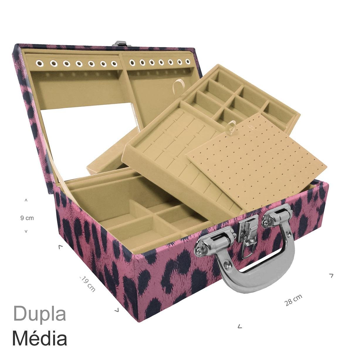 Maleta Dupla Média Hiena Rosa Com Alça Cromada e Espelho - Sob Encomenda