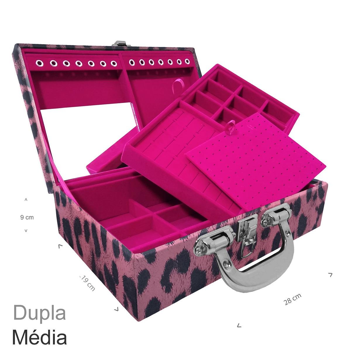 Maleta Dupla Média Hiena Rosa Com Alça Cromada e Espelho - Sob Encomenda
