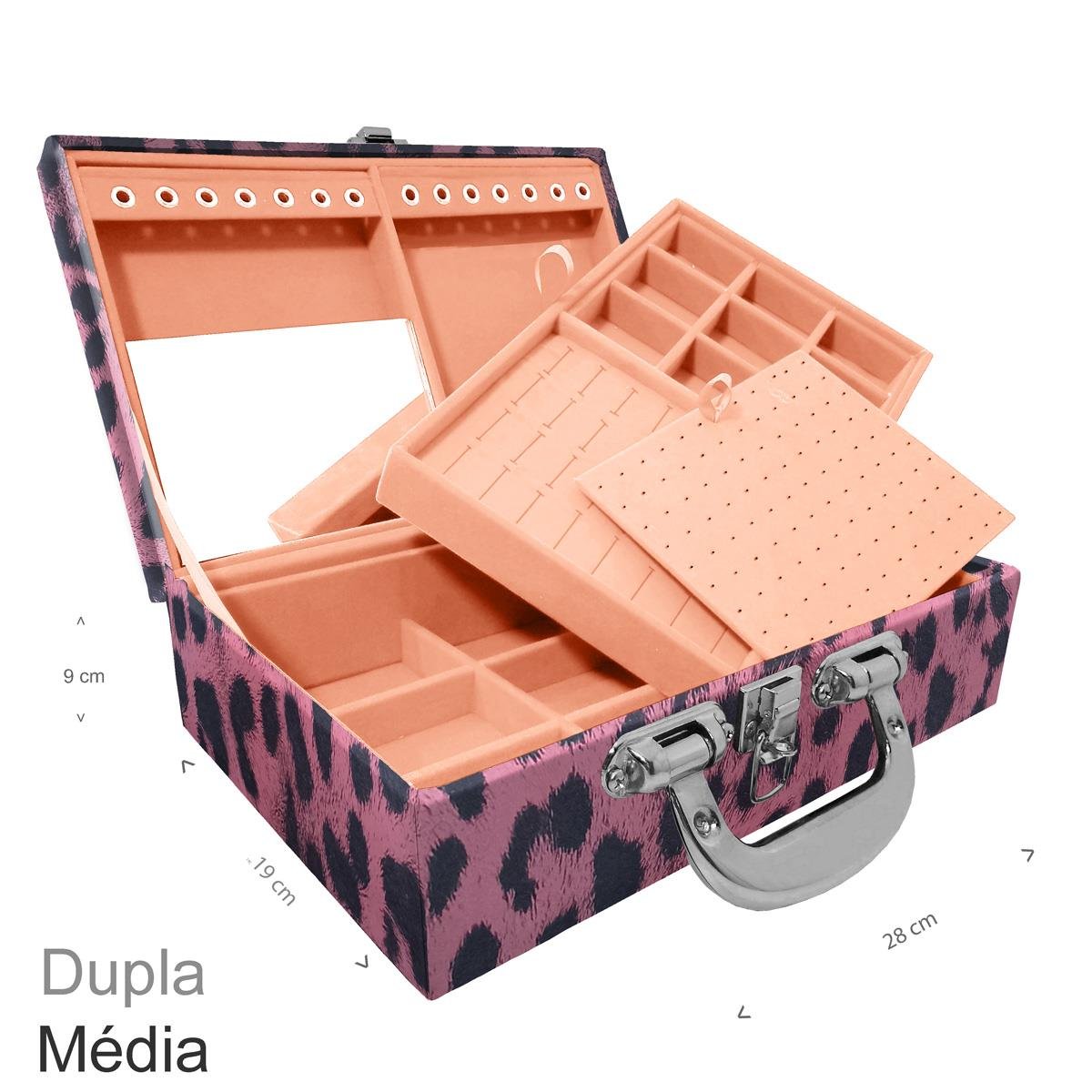 Maleta Dupla Média Hiena Rosa Com Alça Cromada e Espelho - Sob Encomenda