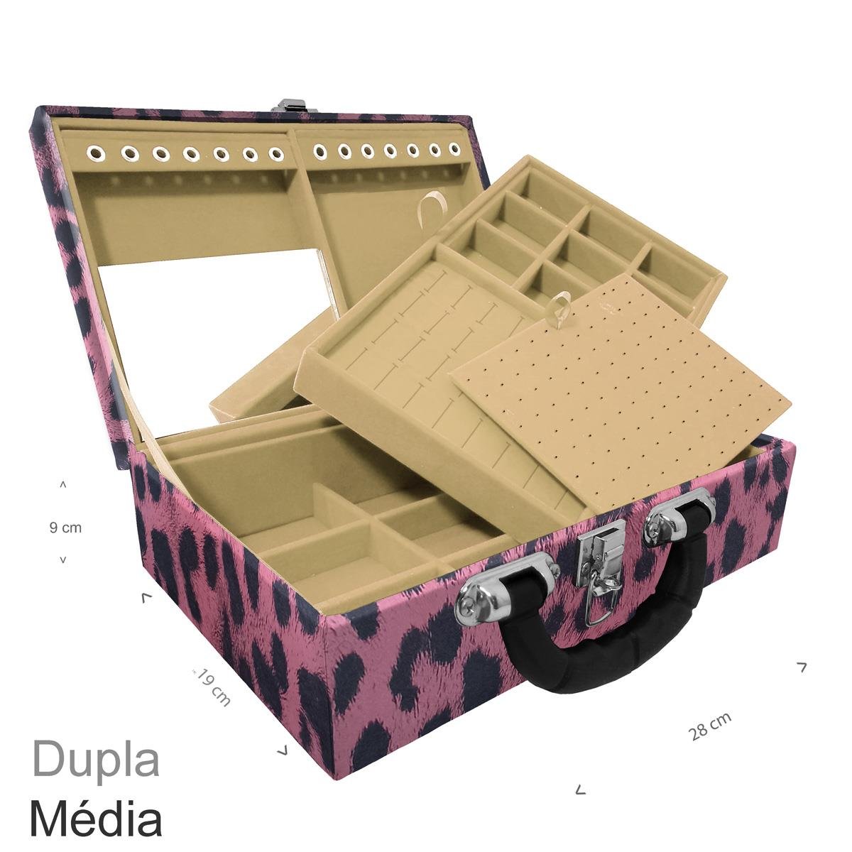 Maleta Dupla Média Hiena Rosa Com Alça Preta e Espelho - Sob Encomenda