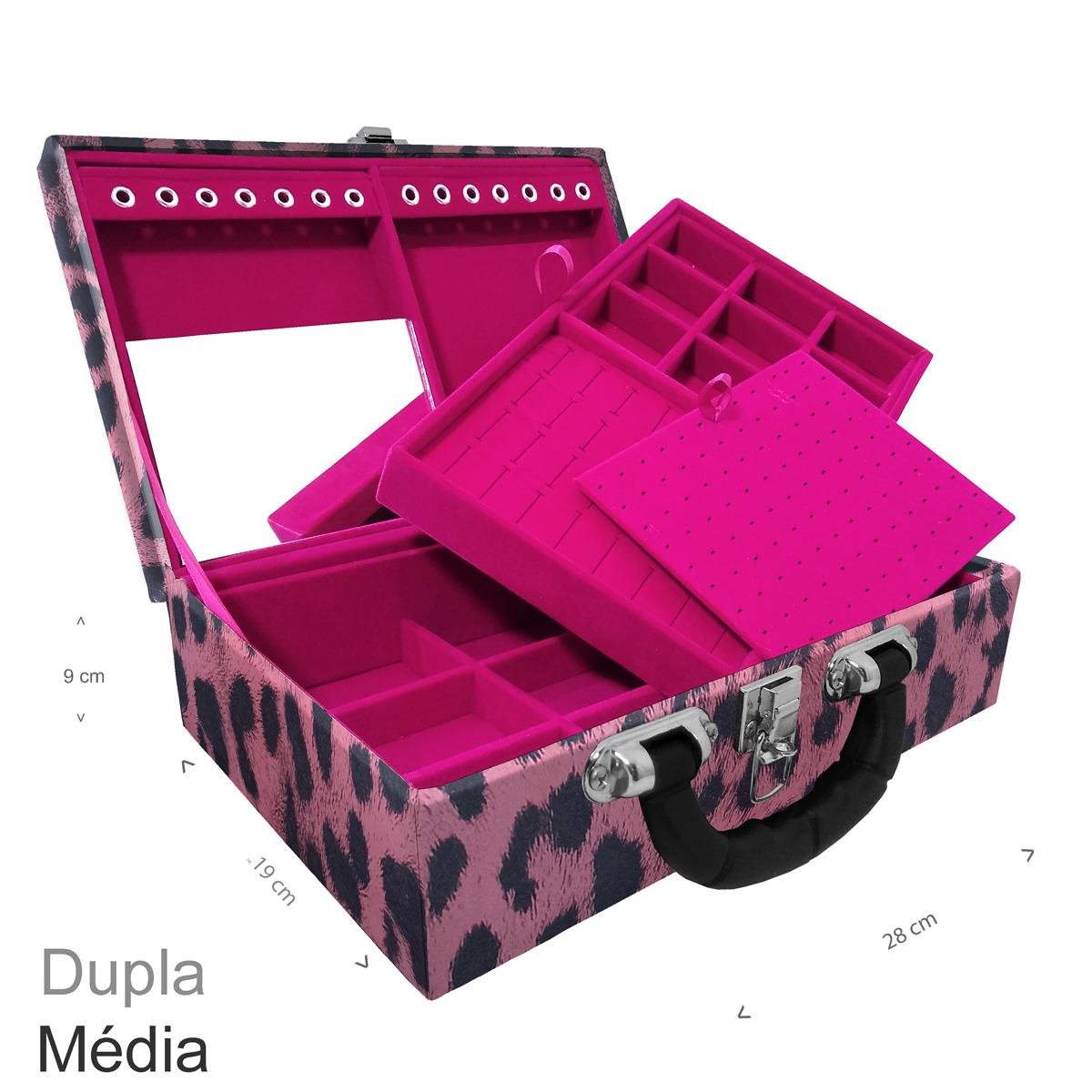 Maleta Dupla Média Hiena Rosa Com Alça Preta e Espelho - Sob Encomenda