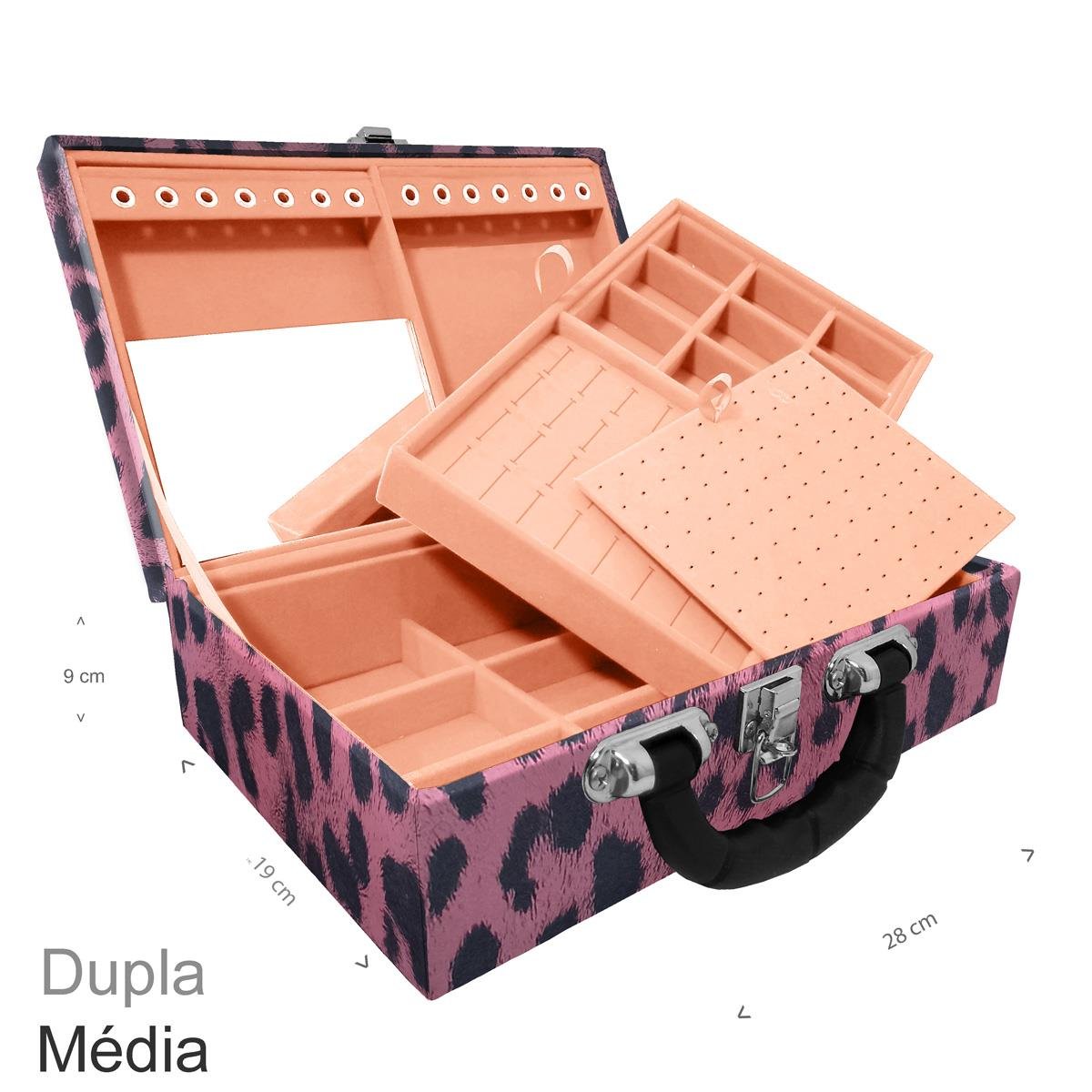 Maleta Dupla Média Hiena Rosa Com Alça Preta e Espelho - Sob Encomenda