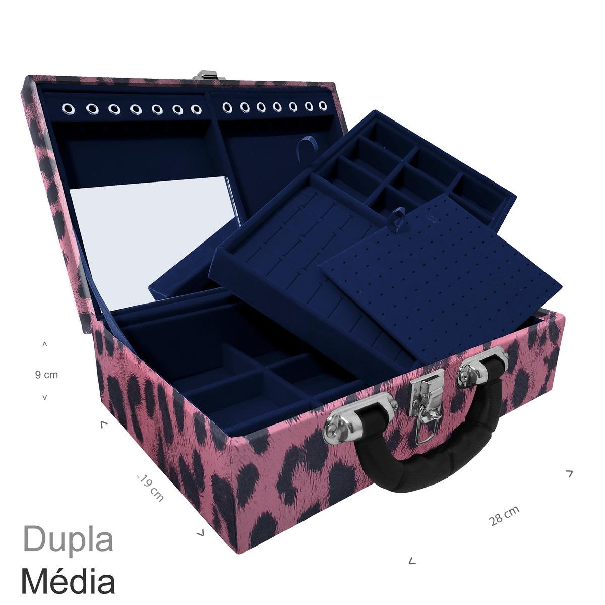 Maleta Dupla Média Hiena Rosa Com Alça Preta e Espelho - Sob Encomenda