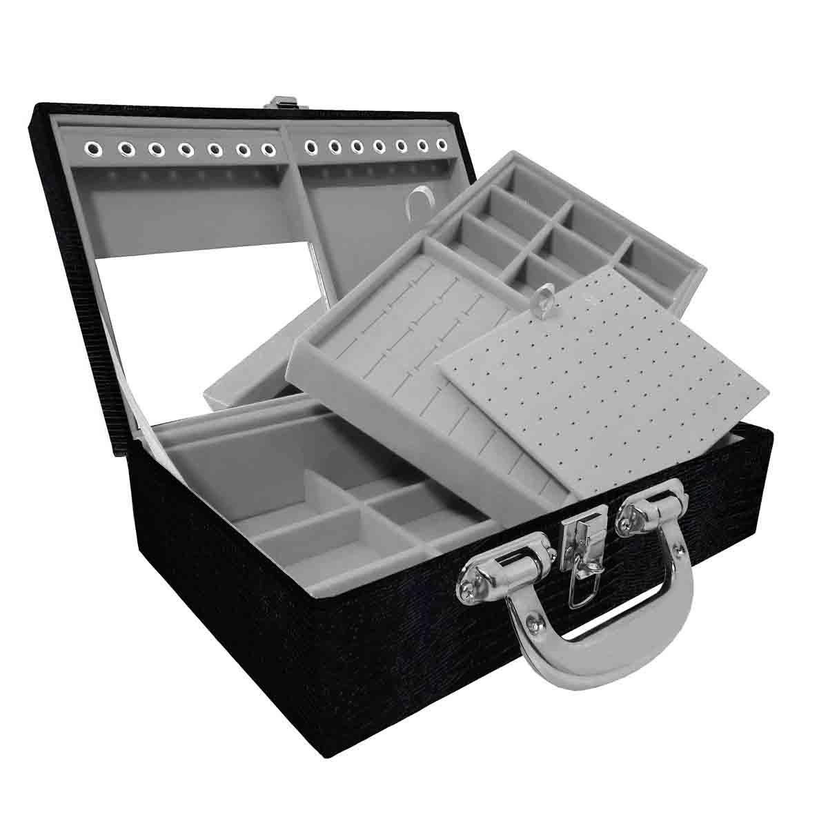 Estojo Maleta Porta Jóias Duplo Médio Jacaré Com Alça Cromada e Espelho