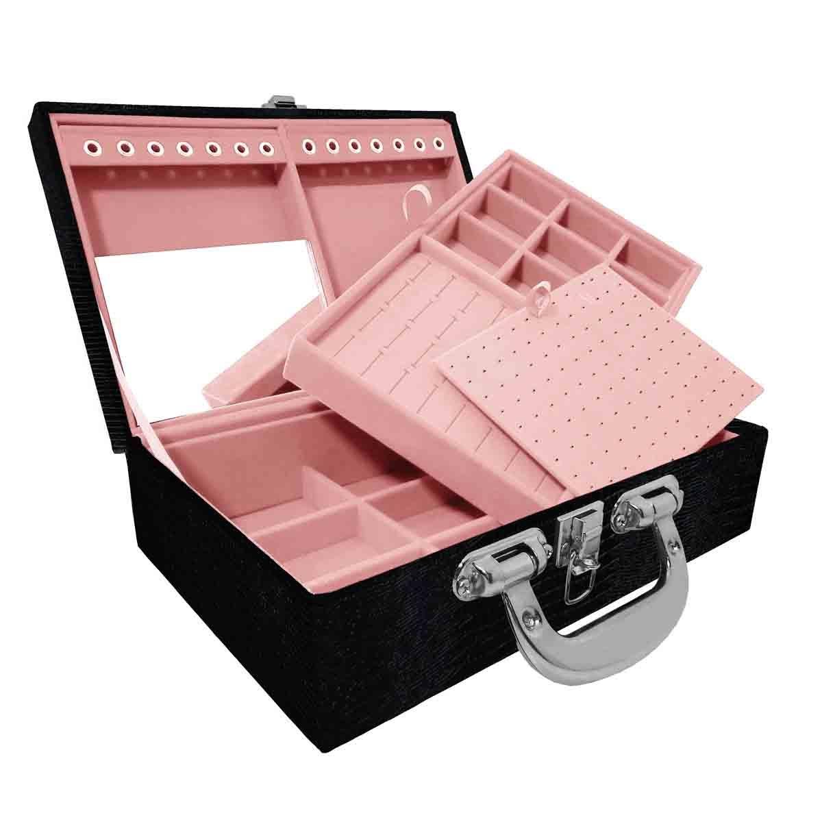 Estojo Maleta Porta Jóias Duplo Médio Jacaré Com Alça Cromada e Espelho