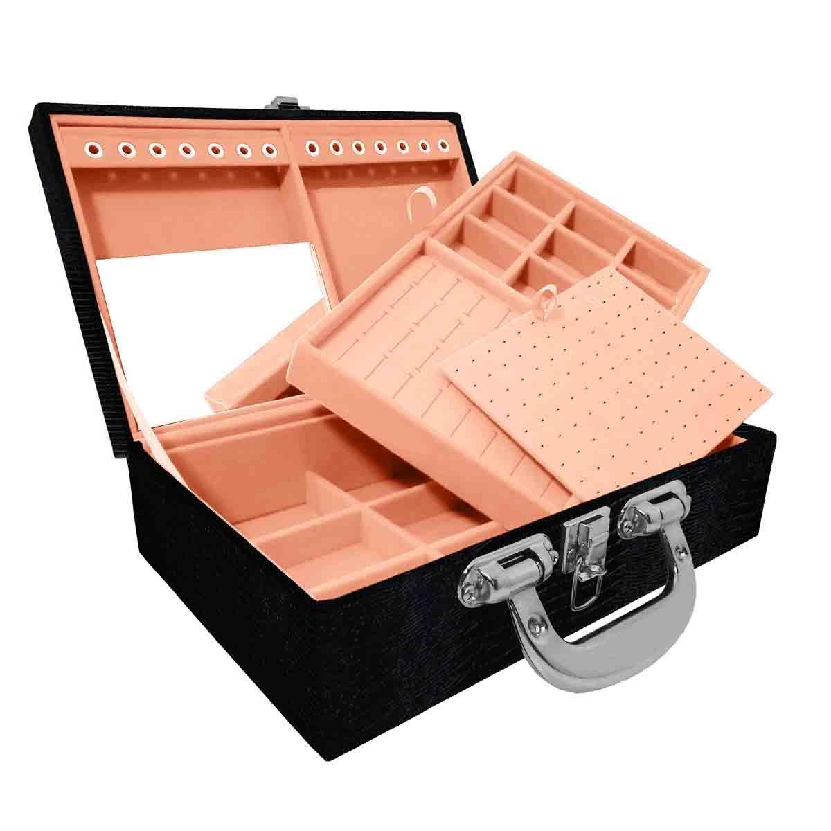 Estojo Maleta Porta Jóias Duplo Médio Jacaré Com Alça Cromada e Espelho