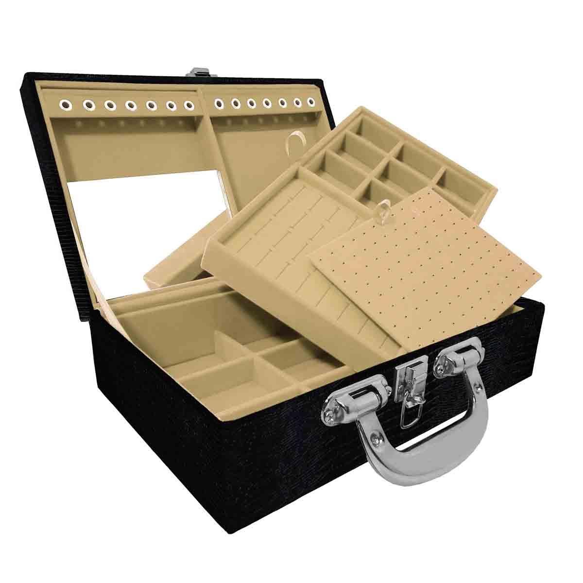 Estojo Maleta Porta Jóias Duplo Médio Jacaré Com Alça Cromada e Espelho