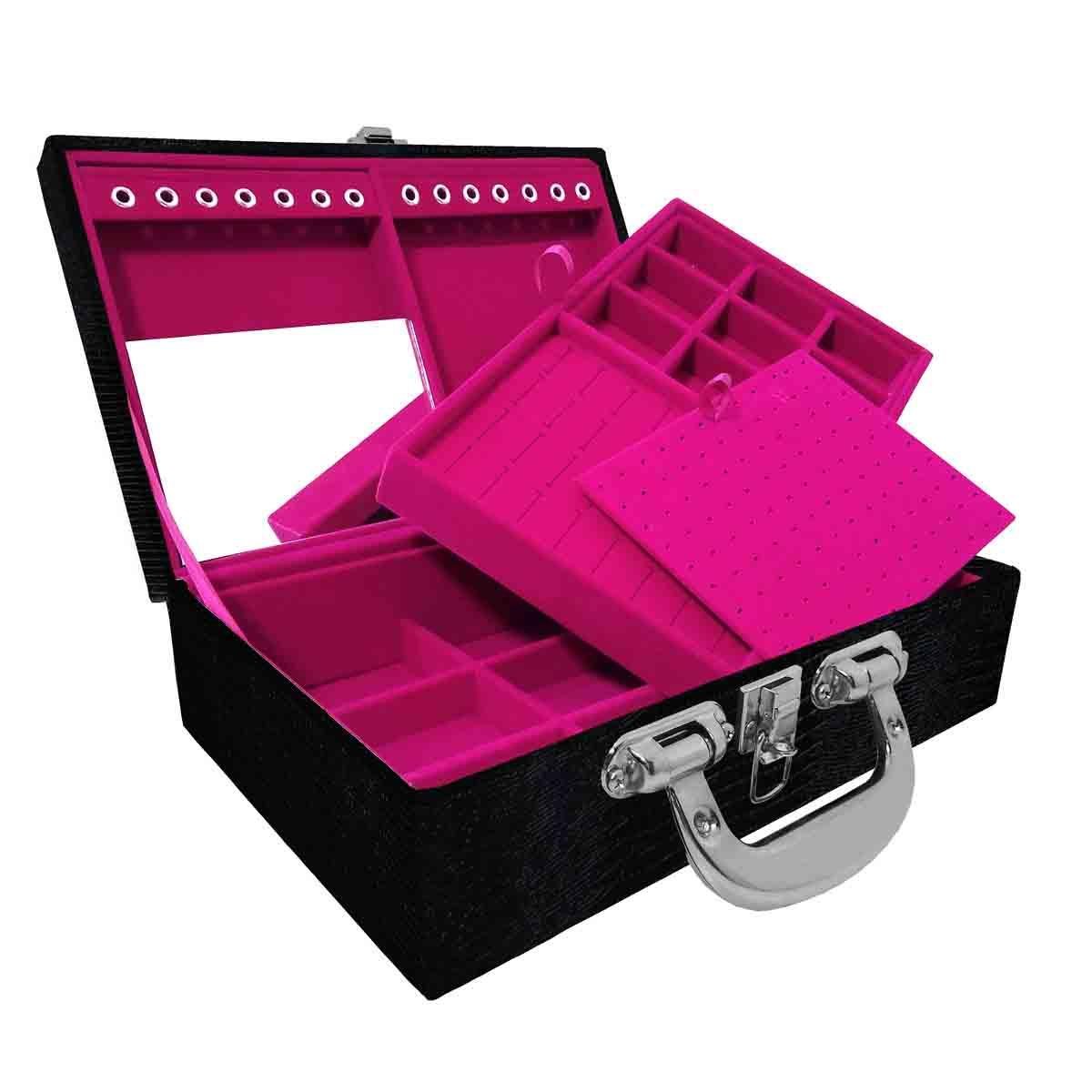 Estojo Maleta Porta Jóias Duplo Médio Jacaré Com Alça Cromada e Espelho