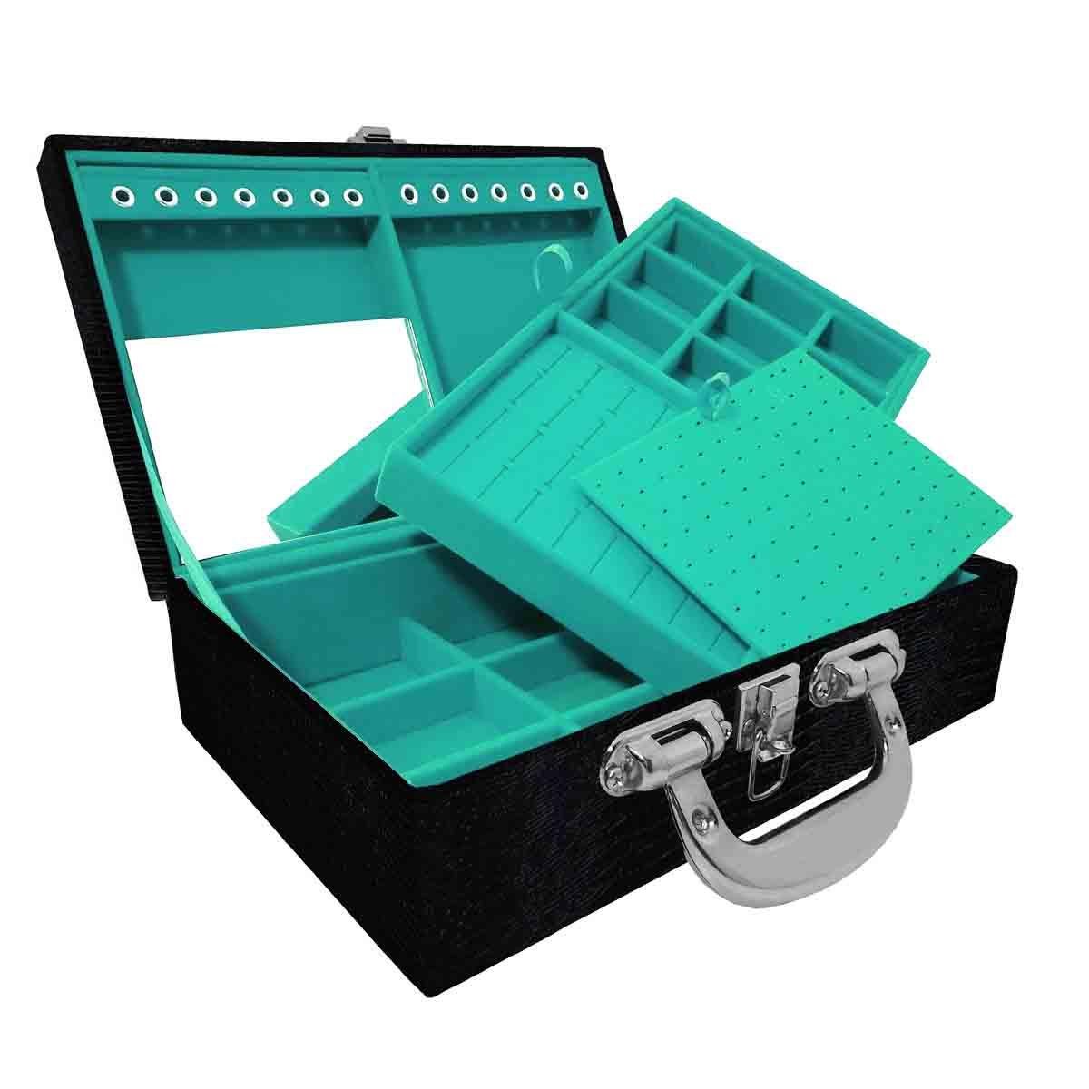 Estojo Maleta Porta Jóias Duplo Médio Jacaré Com Alça Cromada e Espelho