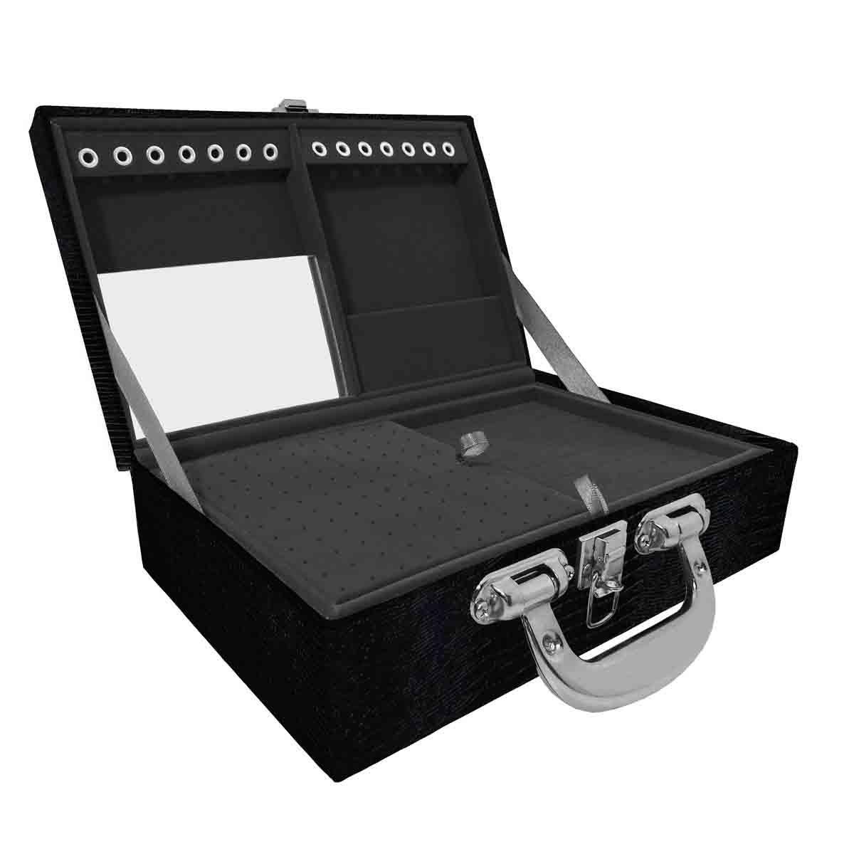 Estojo Maleta Porta Jóias Duplo Médio Jacaré Com Alça Cromada e Espelho