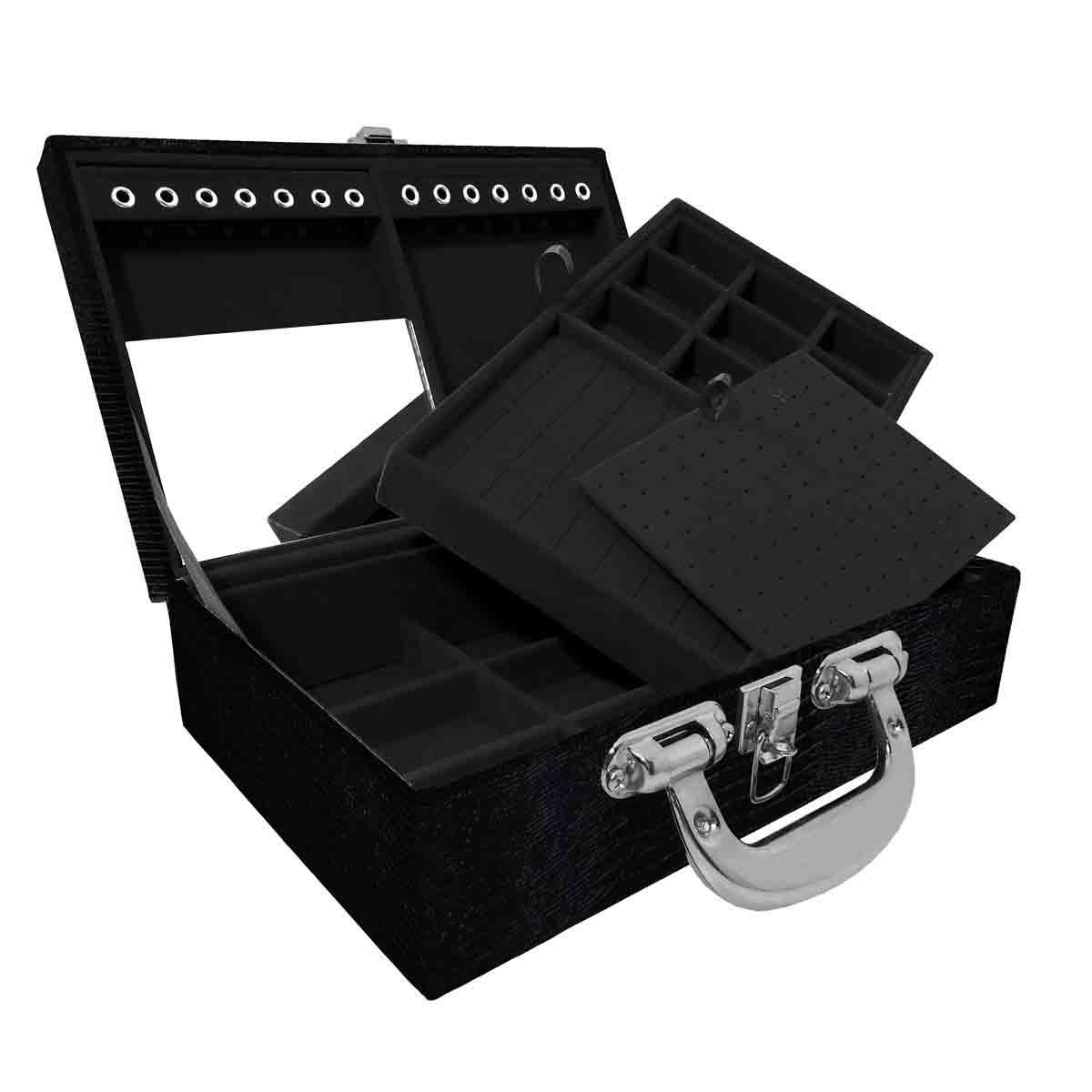 Estojo Maleta Porta Jóias Duplo Médio Jacaré Com Alça Cromada e Espelho