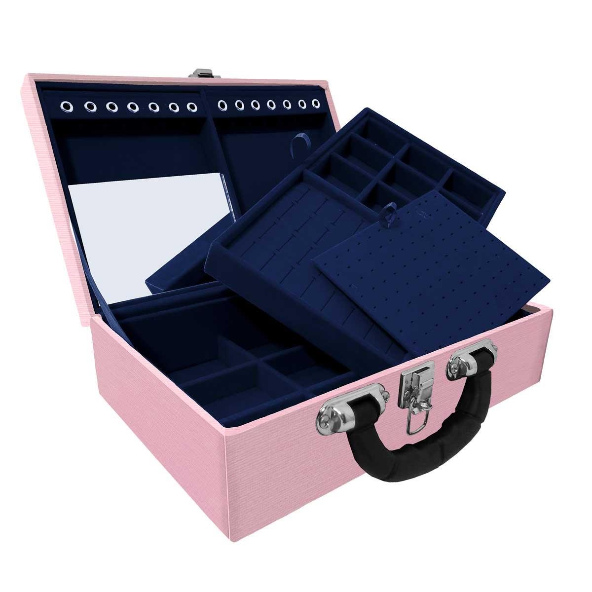 Estojo Maleta Porta Jóias Duplo Médio Milão Rosa Com Alça Preta e Espelho