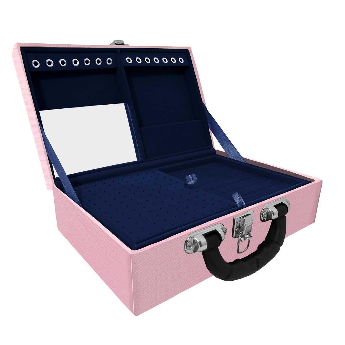 Estojo Maleta Porta Jóias Duplo Médio Milão Rosa Com Alça Preta e Espelho