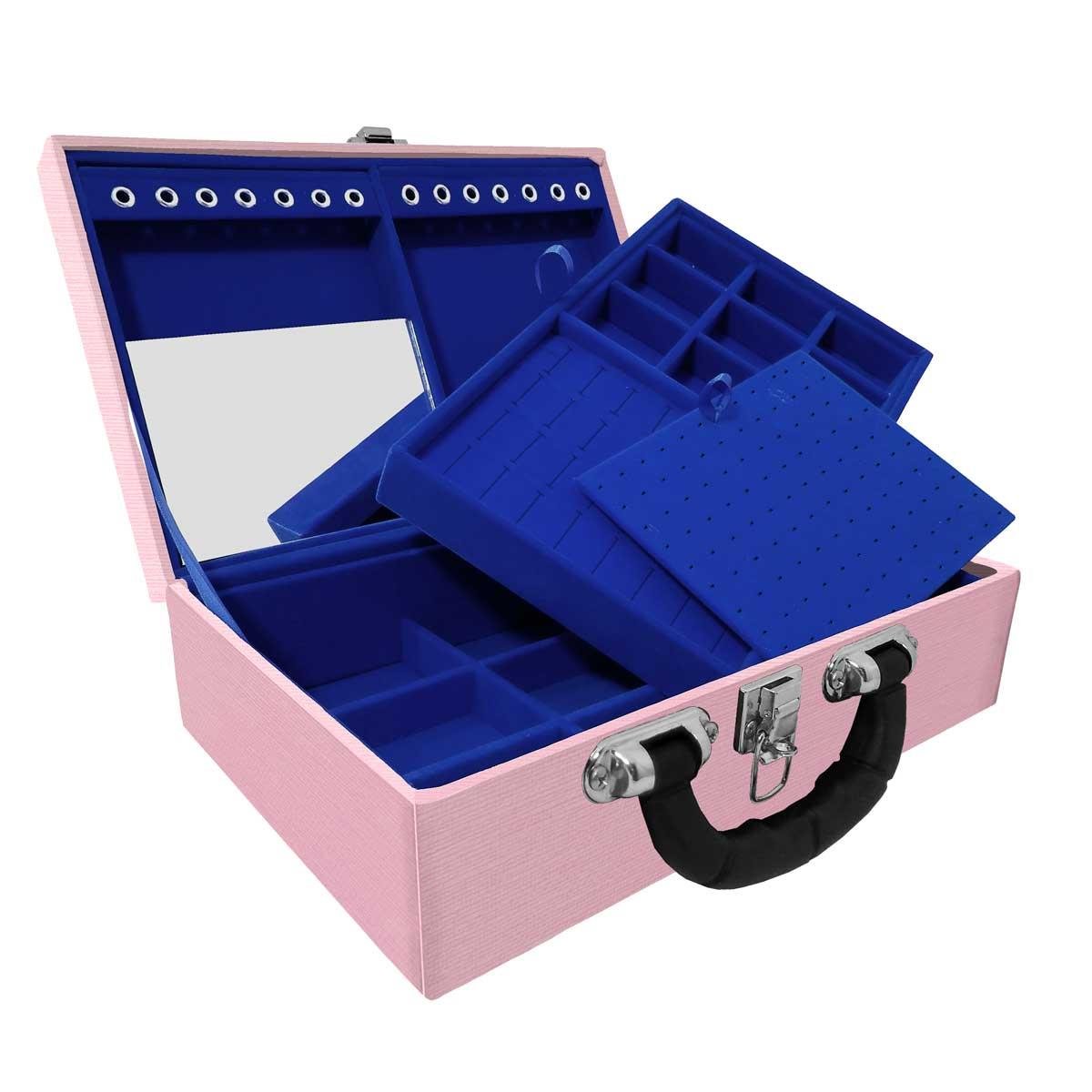 Estojo Maleta Porta Jóias Duplo Médio Milão Rosa Com Alça Preta e Espelho