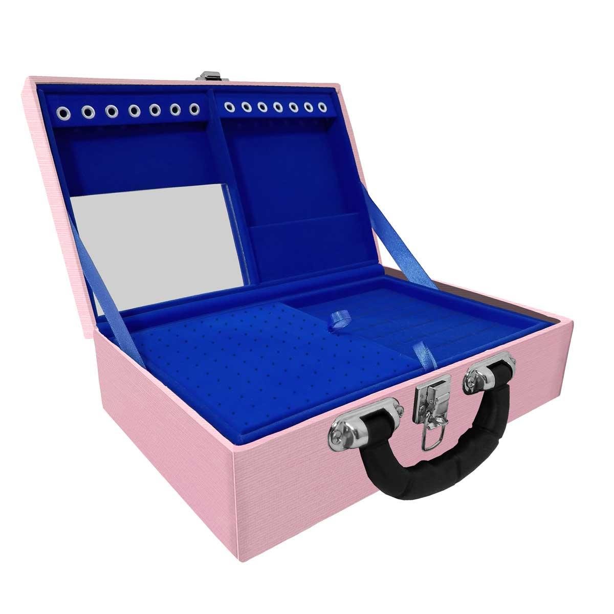 Estojo Maleta Porta Jóias Duplo Médio Milão Rosa Com Alça Preta e Espelho