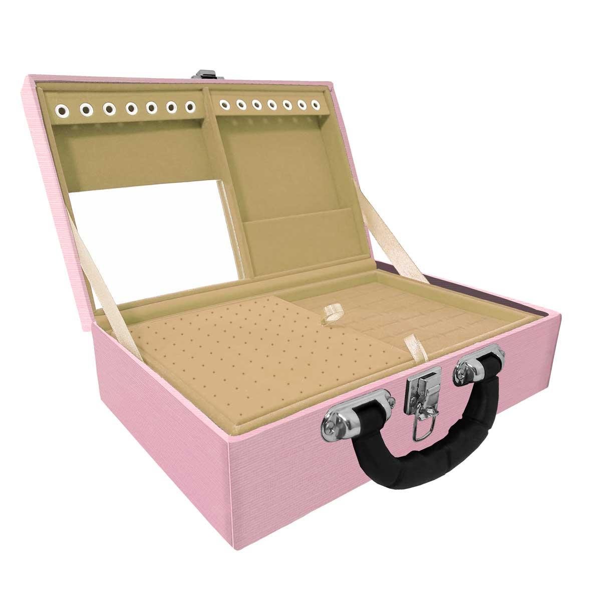 Estojo Maleta Porta Jóias Duplo Médio Milão Rosa Com Alça Preta e Espelho