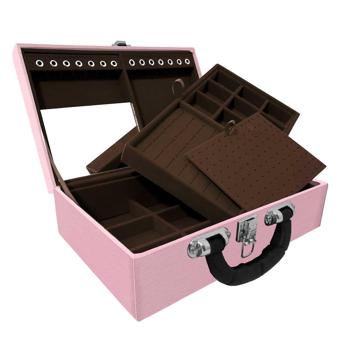 Estojo Maleta Porta Jóias Duplo Médio Milão Rosa Com Alça Preta e Espelho