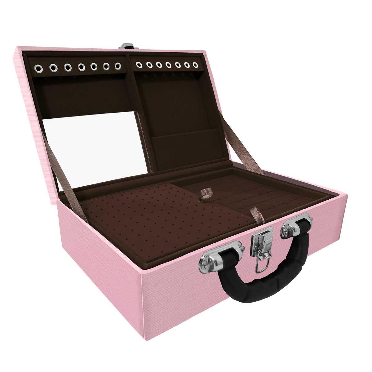 Estojo Maleta Porta Jóias Duplo Médio Milão Rosa Com Alça Preta e Espelho