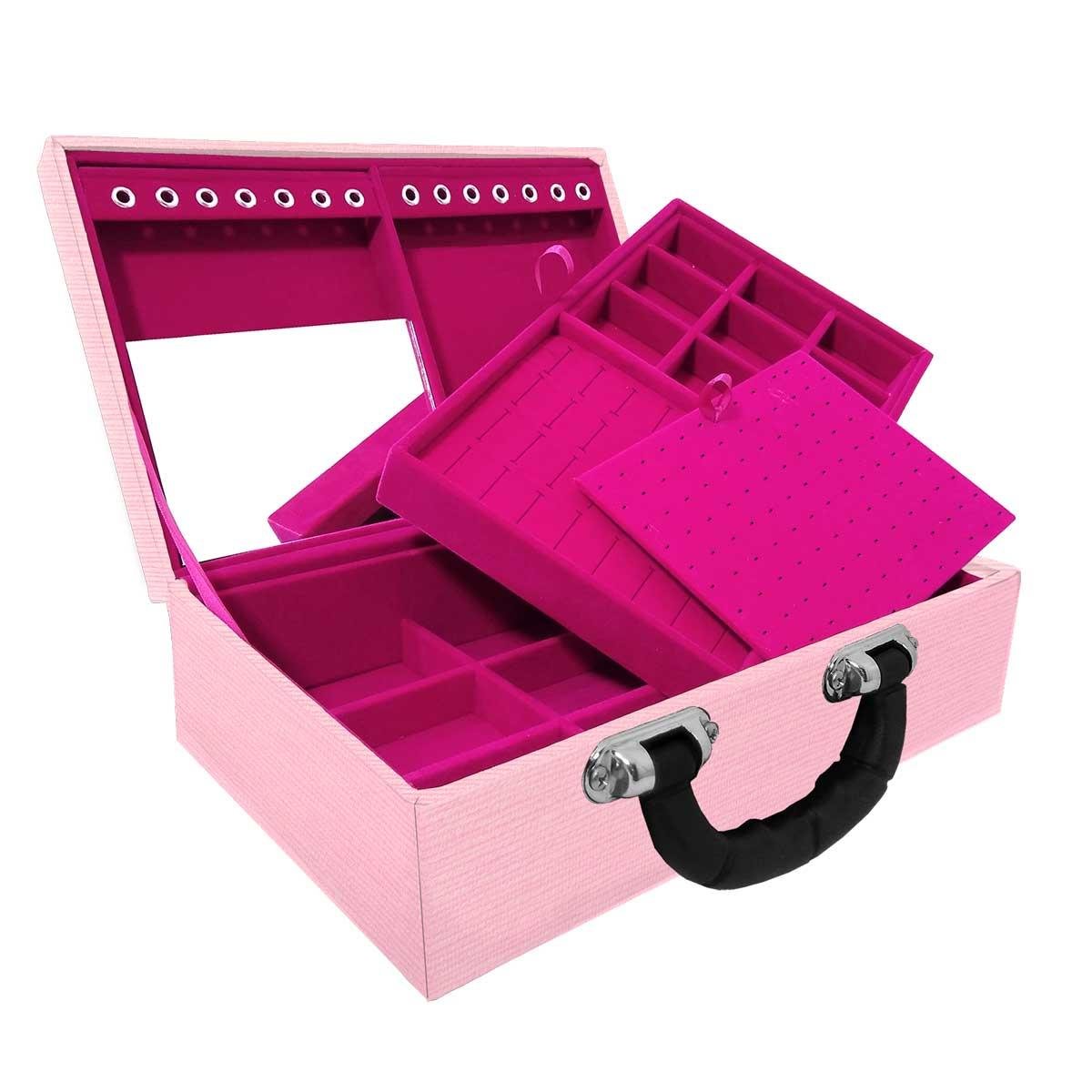Estojo Maleta Porta Jóias Duplo Médio Milão Rosa Com Alça Preta e Espelho
