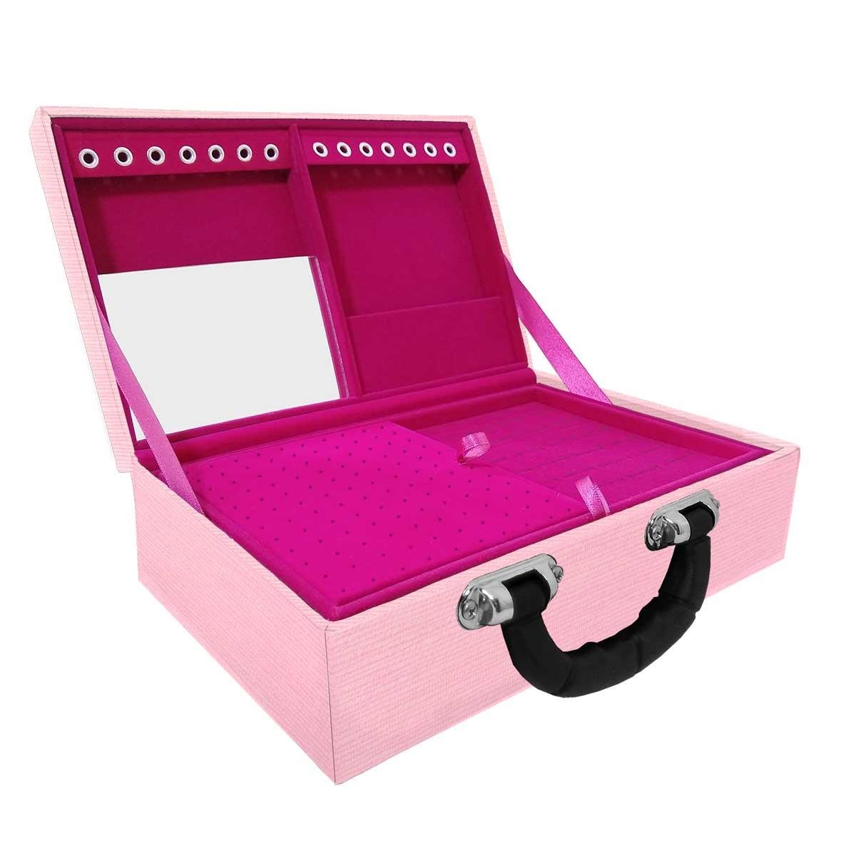 Estojo Maleta Porta Jóias Duplo Médio Milão Rosa Com Alça Preta e Espelho